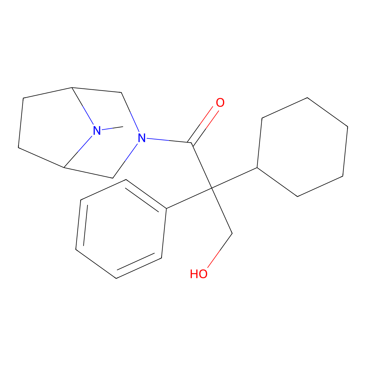 3,8-Diazabicyclo(3.2.1)octane, 3-((2'-cyclohexyl-3'-hydroxy-2'-phenyl)propionyl)-8-methyl-, (+-)- molecular structure, CAS 63977-94-6