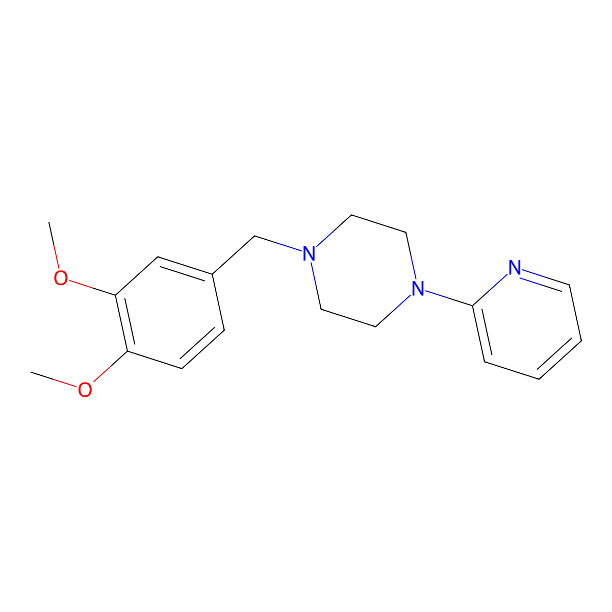 Piperazine, 1-(3,4-dimethoxybenzyl)-4-(2-pyridyl)- molecular structure, CAS 63978-40-5