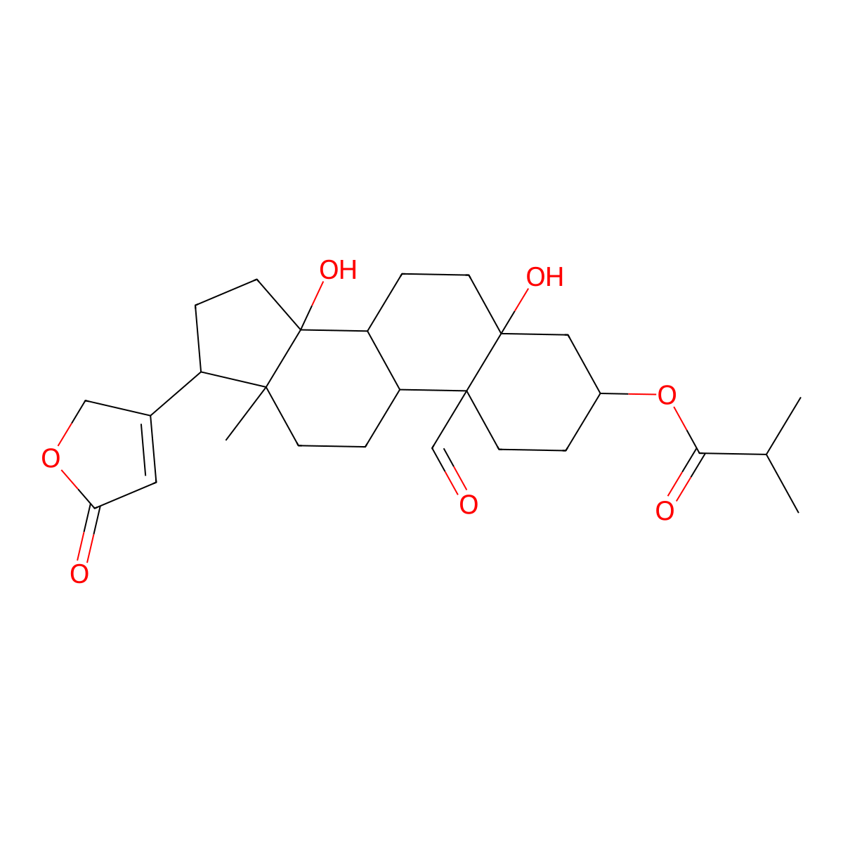 5,14-Dihydroxy-3-[(2-methylpropanoyl)oxy]-19-oxocard-20(22)-enolide molecular structure, CAS 63979-70-4
