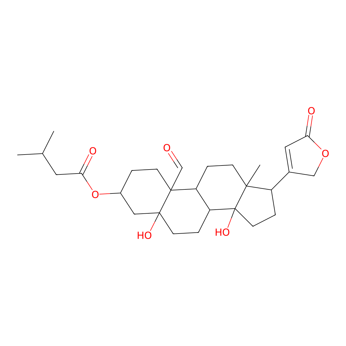 5-beta-Card-20(22)-enolide, 5,14-dihydroxy-3-beta-(3-methyl-1-oxobutoxy)-19-oxo-, (3-beta,5-beta)- molecular structure, CAS 63979-73-7