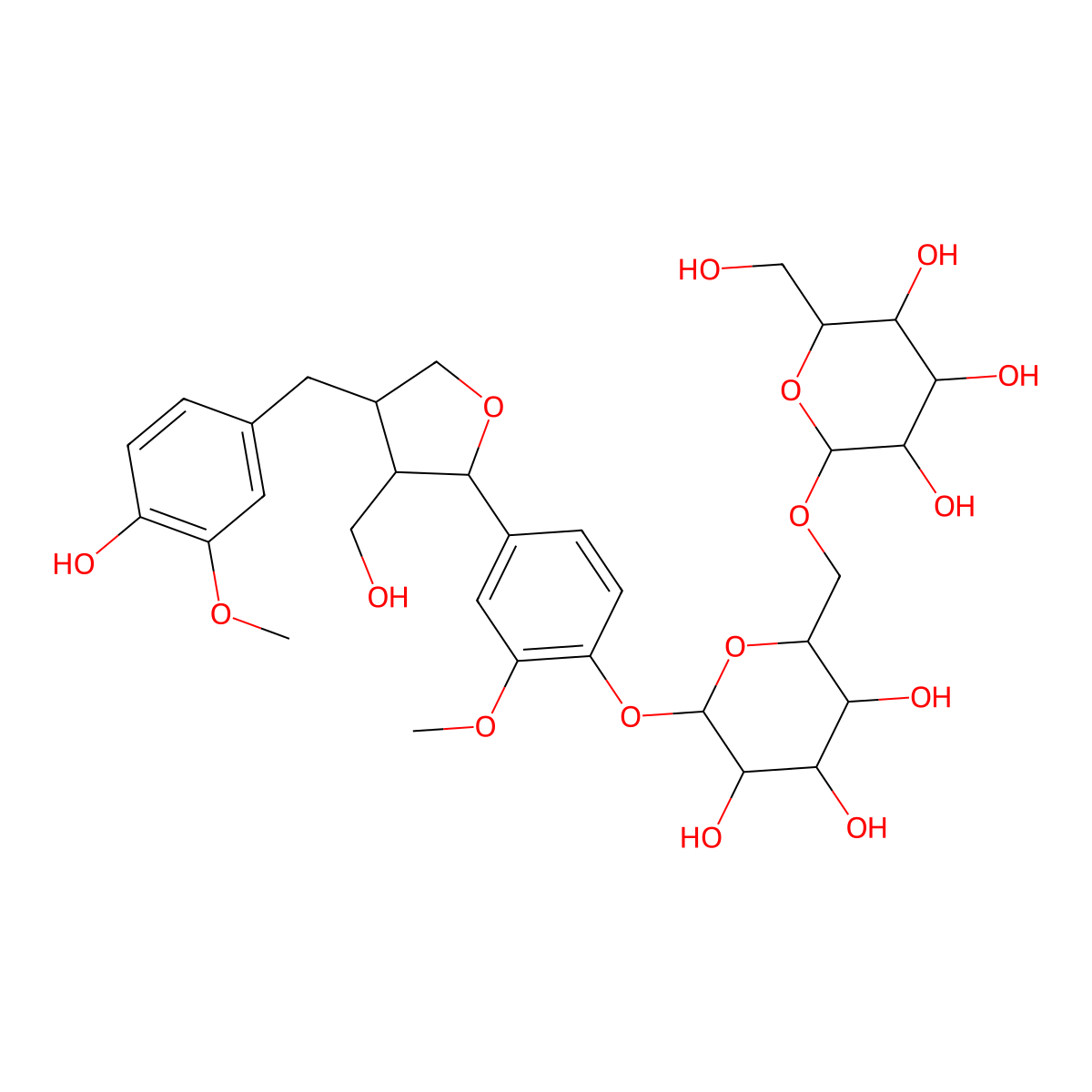 2-(Hydroxymethyl)-6-[[3,4,5-trihydroxy-6-[4-[4-[(4-hydroxy-3-methoxyphenyl)methyl]-3-(hydroxymethyl)oxolan-2-yl]-2-methoxyphenoxy]oxan-2-yl]methoxy]oxane-3,4,5-triol molecular structure, CAS 639857-95-7