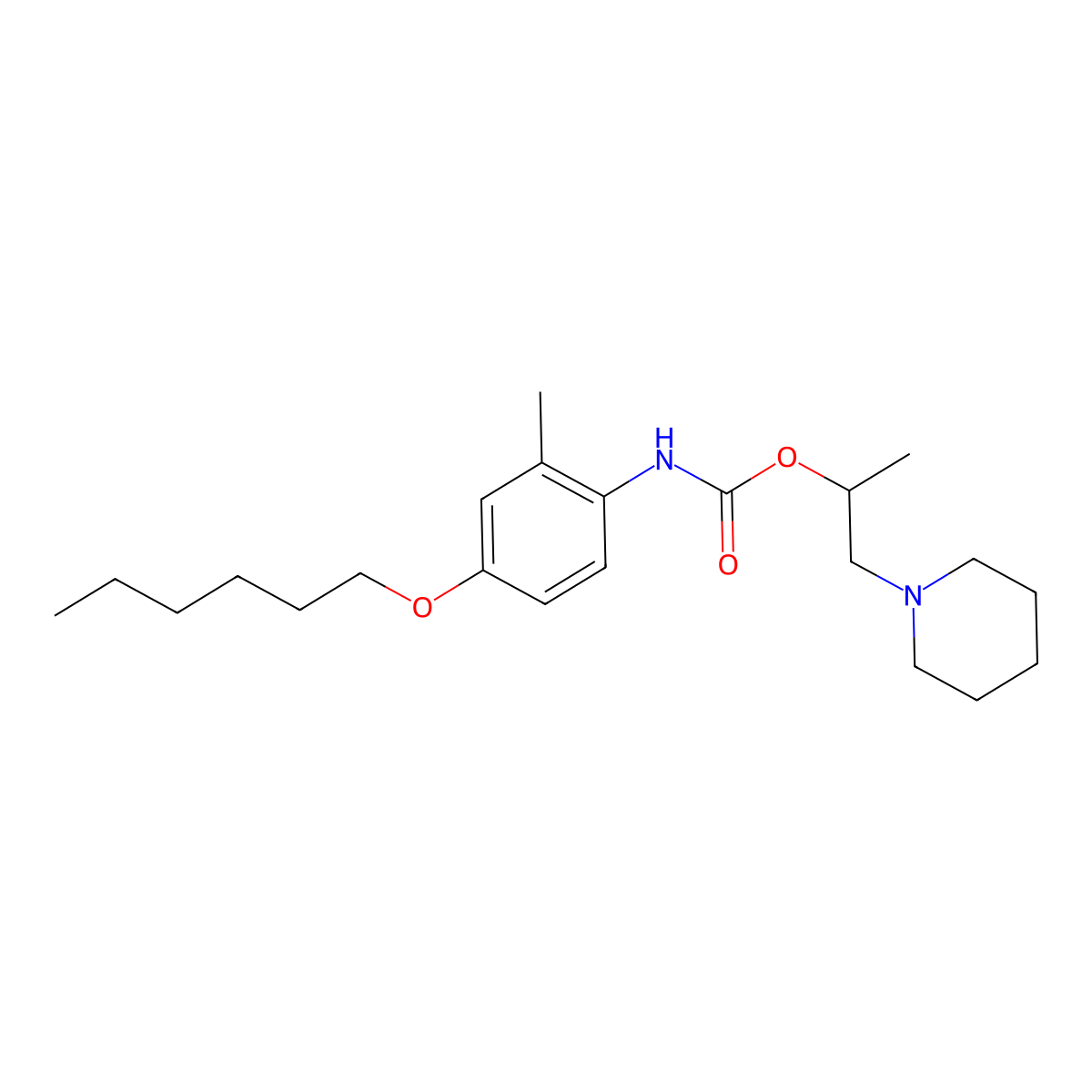 Carbanilic acid, 4-(hexyloxy)-2-methyl-, 1-(piperidinomethyl)ethyl ester molecular structure, CAS 63986-61-8