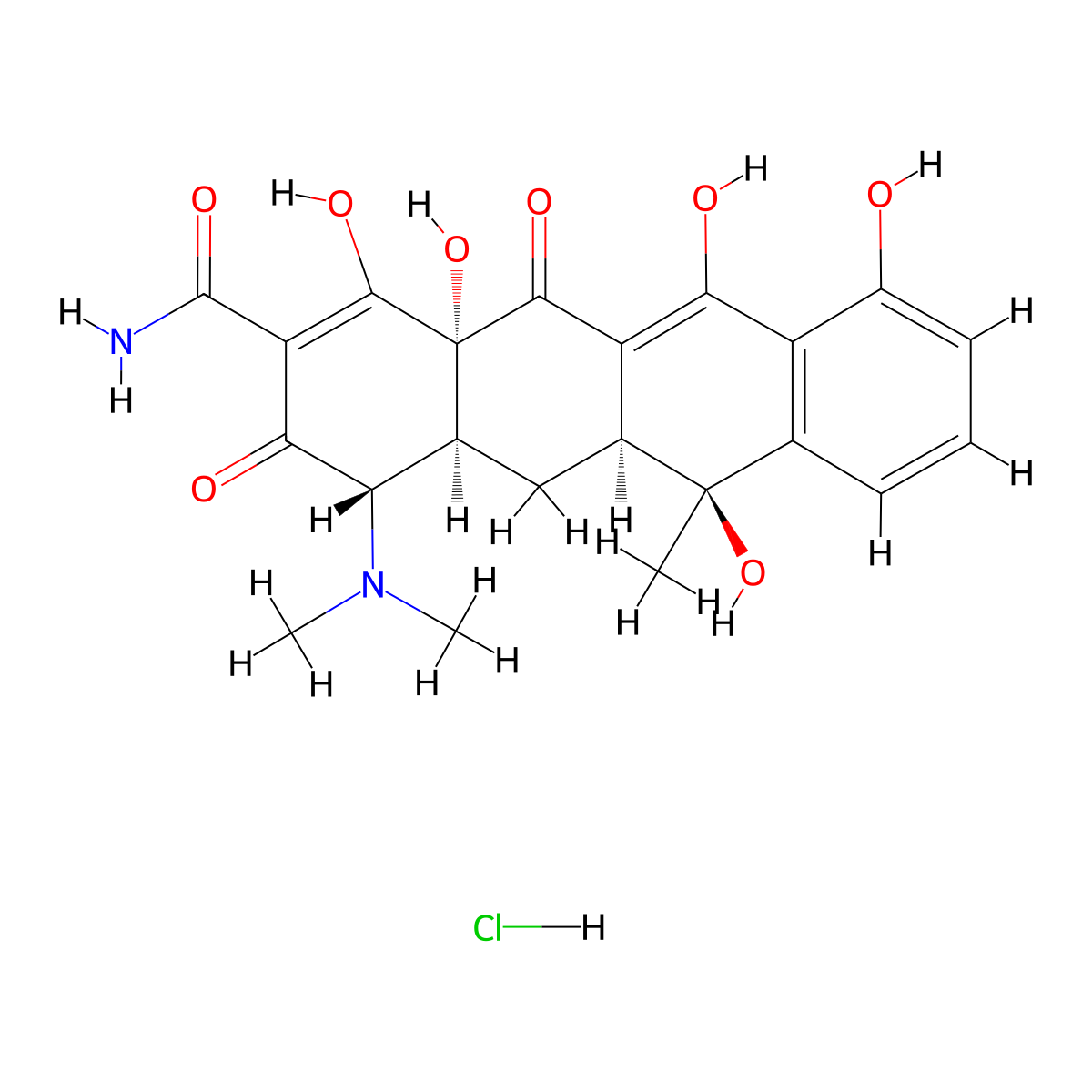 2-Naphthacenecarboxamide, 4-(dimethylamino)-1,4,4a,5,5a,6,11,12a-octahydro-3,6,10,12,12a-pentahydroxy-6-methyl-1,11-dioxo-, hydrochloride (1:1), (4S,4aS,5aS,6S,12aS)- molecular structure, CAS 64-75-5