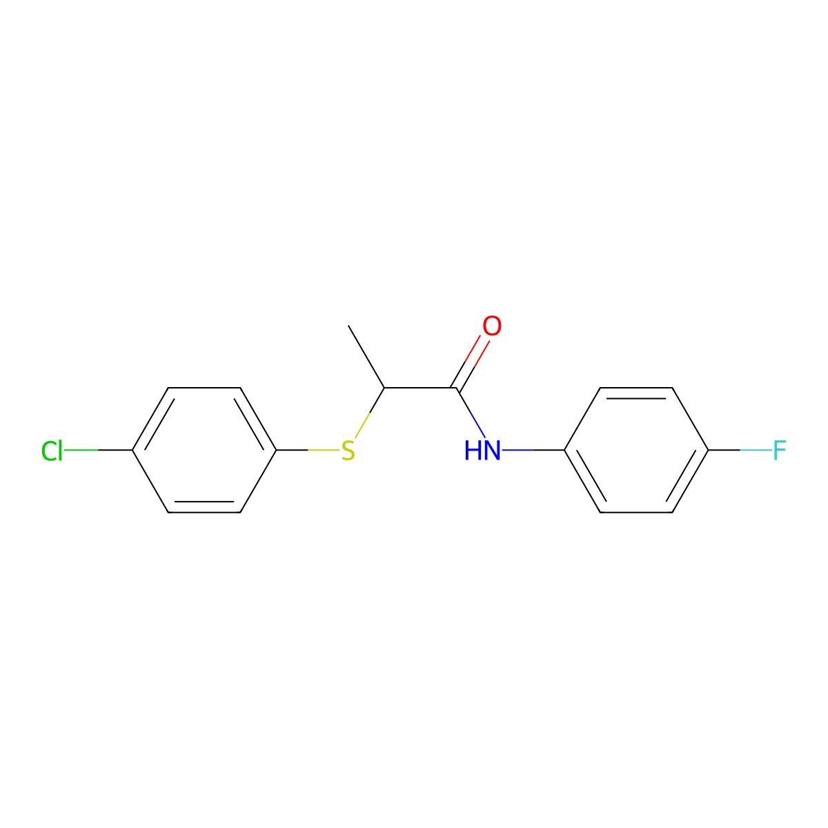 2-(4-chlorophenyl)sulfanyl-N-(4-fluorophenyl)propanamide molecular structure, CAS 6402-60-4