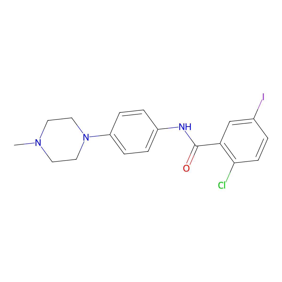 2-chloro-5-iodo-N-[4-(4-methylpiperazin-1-yl)phenyl]benzamide molecular structure, CAS 640242-08-6