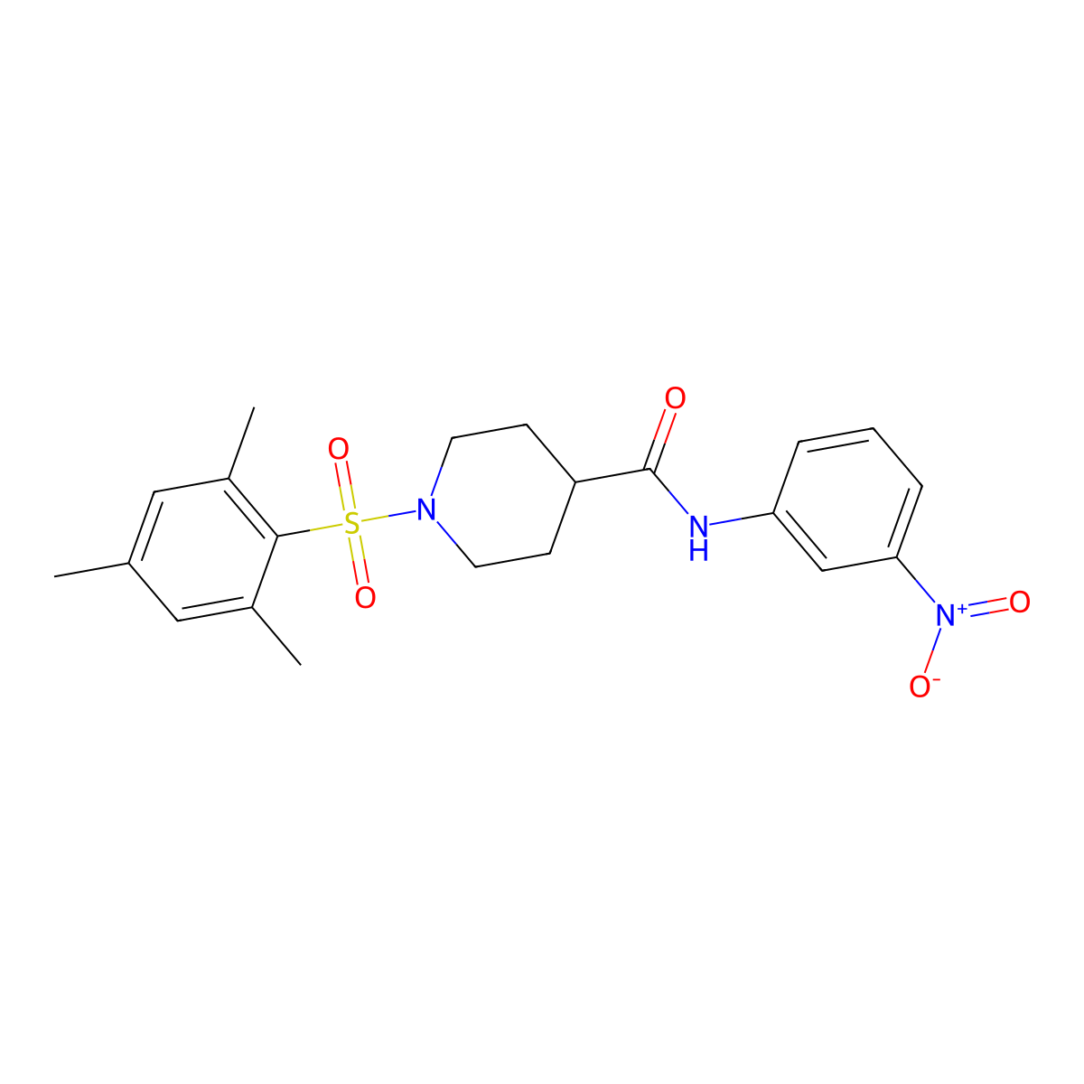 N-(3-nitrophenyl)-1-(2,4,6-trimethylphenyl)sulfonylpiperidine-4-carboxamide molecular structure, CAS 640261-84-3
