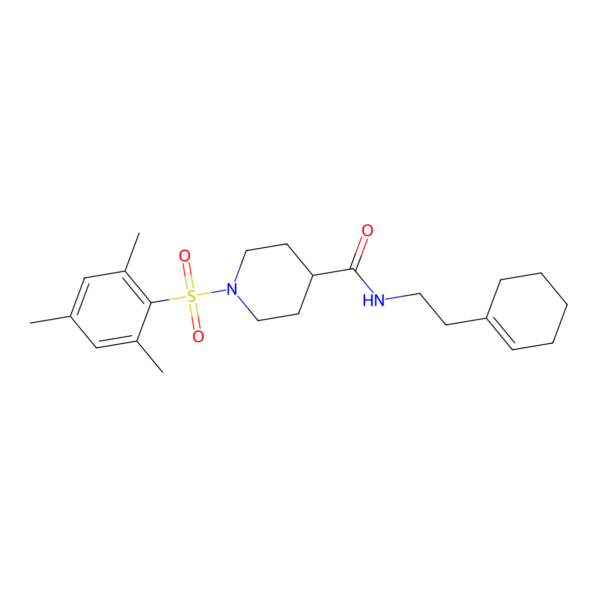 N-[2-(cyclohexen-1-yl)ethyl]-1-(2,4,6-trimethylphenyl)sulfonylpiperidine-4-carboxamide molecular structure, CAS 640263-28-1