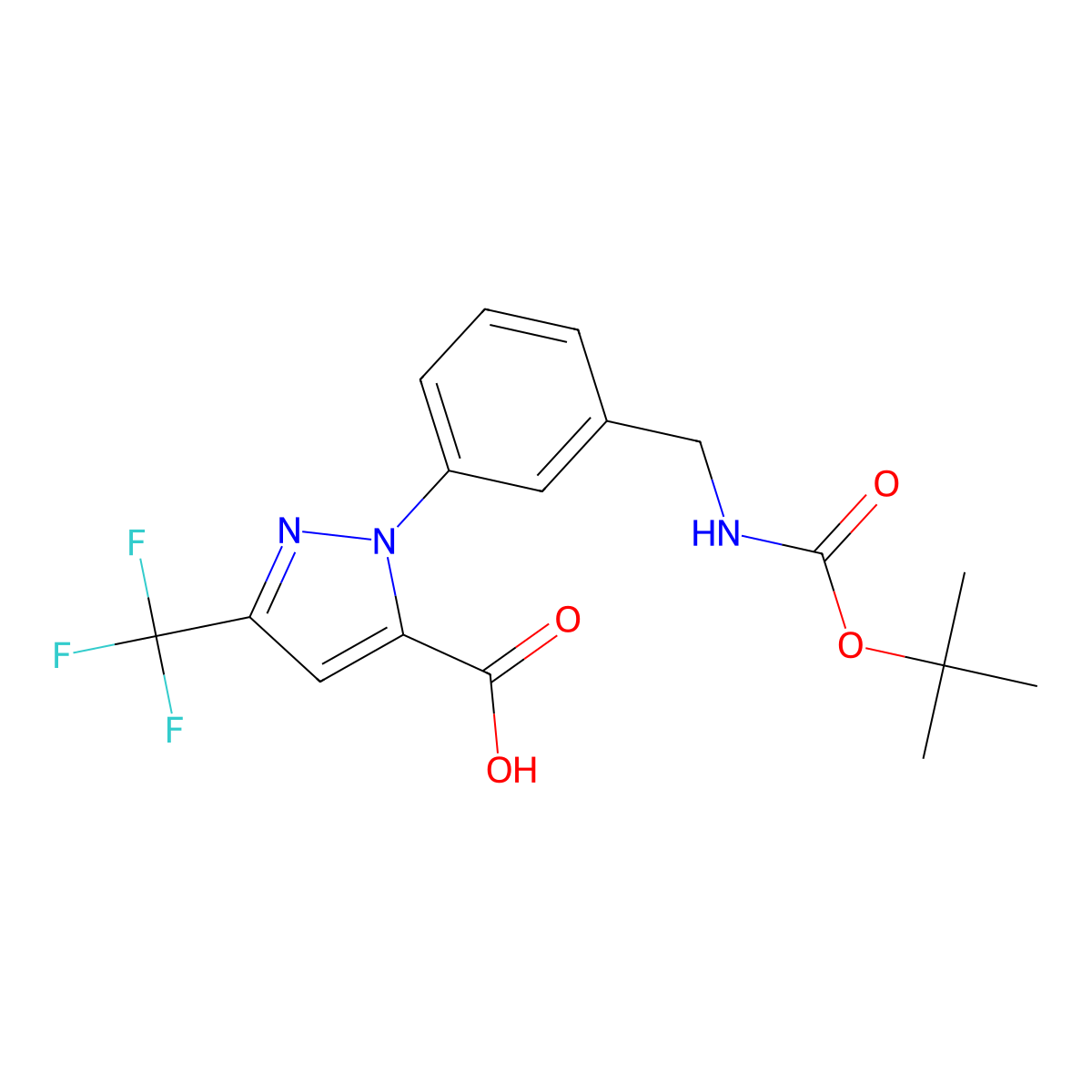 1-(3-(((tert-Butoxycarbonyl)amino)methyl)phenyl)-3-(trifluoromethyl)-1H-pyrazole-5-carboxylic acid molecular structure, CAS 640287-99-6