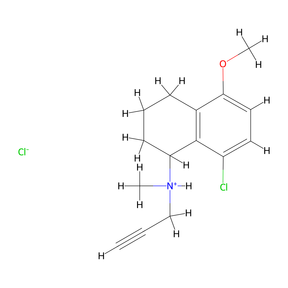 1-Naphthylamine, 1,2,3,4-tetrahydro-8-chloro-5-methoxy-N-methyl-N-(2-propynyl)-, hydrochloride molecular structure, CAS 64037-79-2