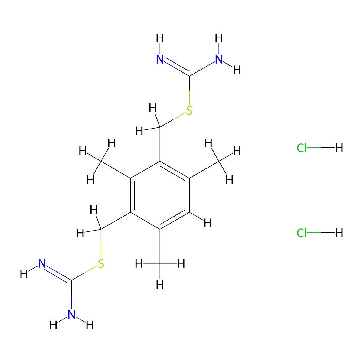 (2,4,6-Trimethyl-1,3-phenylene)bis(methylene) dicarbamimidothioate--hydrogen chloride (1/2) molecular structure, CAS 64039-24-3