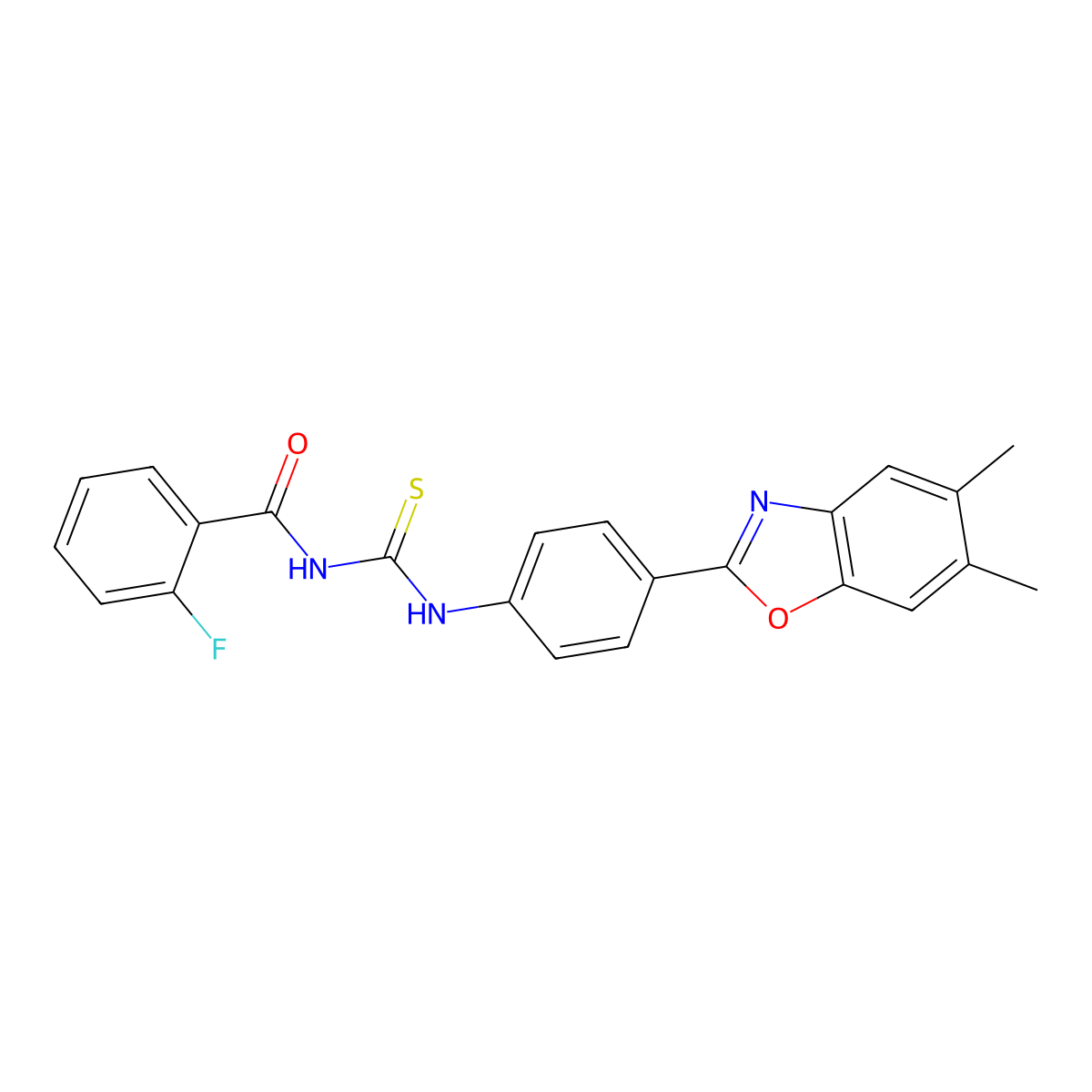 N-{[4-(5,6-dimethyl-1,3-benzoxazol-2-yl)phenyl]carbamothioyl}-2-fluorobenzamide molecular structure, CAS 6405-79-4