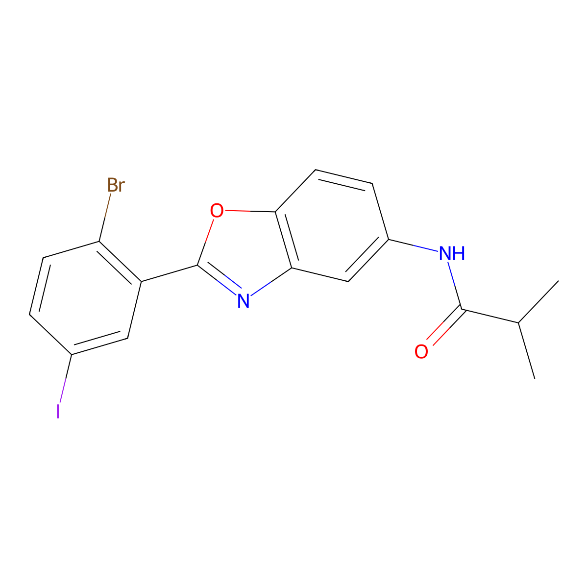 N-[2-(2-bromo-5-iodophenyl)-1,3-benzoxazol-5-yl]-2-methylpropanamide molecular structure, CAS 640760-82-3
