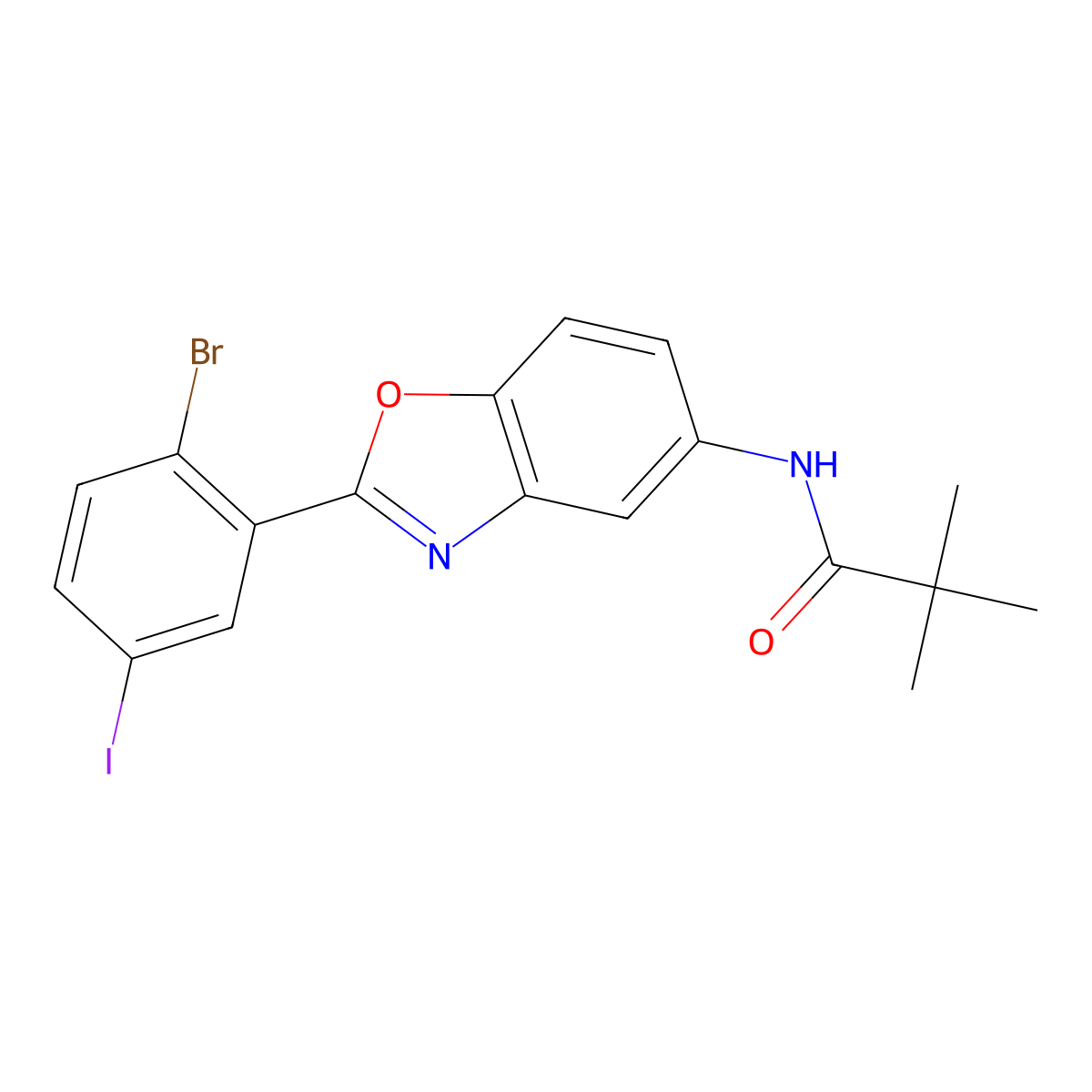 N-[2-(2-bromo-5-iodophenyl)-1,3-benzoxazol-5-yl]-2,2-dimethylpropanamide molecular structure, CAS 640760-83-4