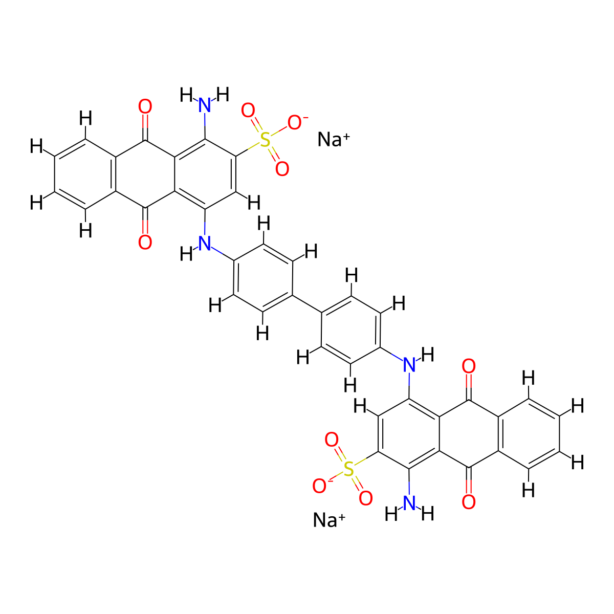 2-Anthracenesulfonic acid, 4,4a(2)-([1,1a(2)-biphenyl]-4,4a(2)-diyldiimino)bis[1-amino-9,10-dihydro-9,10-dioxo-, sodium salt (1:2) molecular structure, CAS 6408-47-5