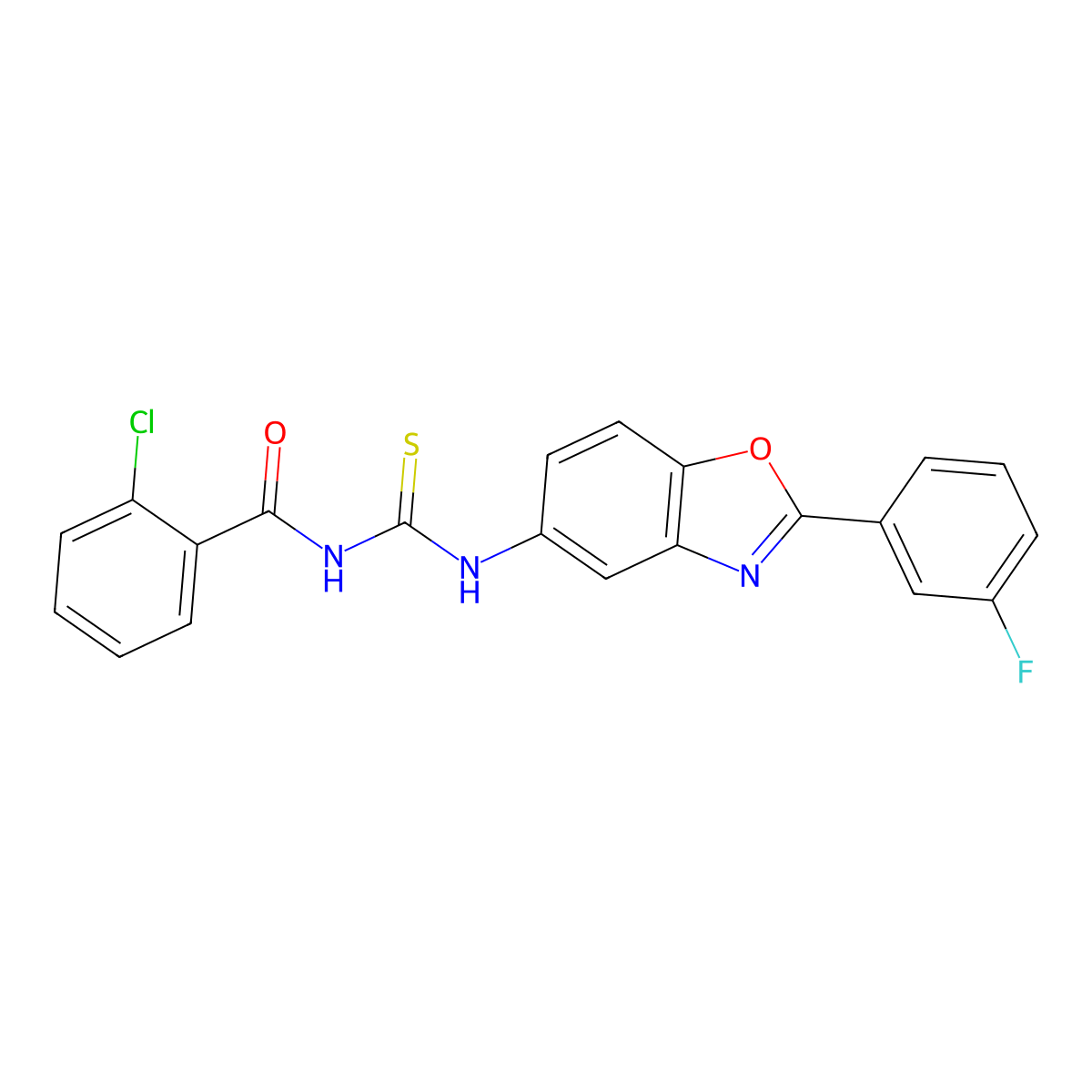 2-chloro-N-[[2-(3-fluorophenyl)-1,3-benzoxazol-5-yl]carbamothioyl]benzamide molecular structure, CAS 6409-43-4
