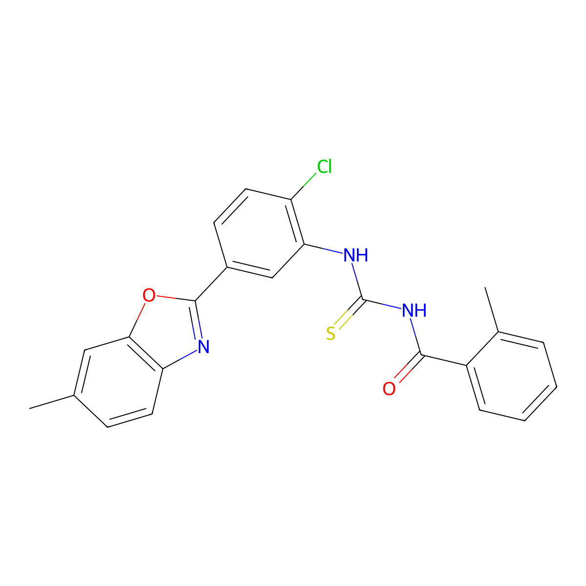N-{[2-chloro-5-(6-methyl-1,3-benzoxazol-2-yl)phenyl]carbamothioyl}-2-methylbenzamide molecular structure, CAS 6411-15-0