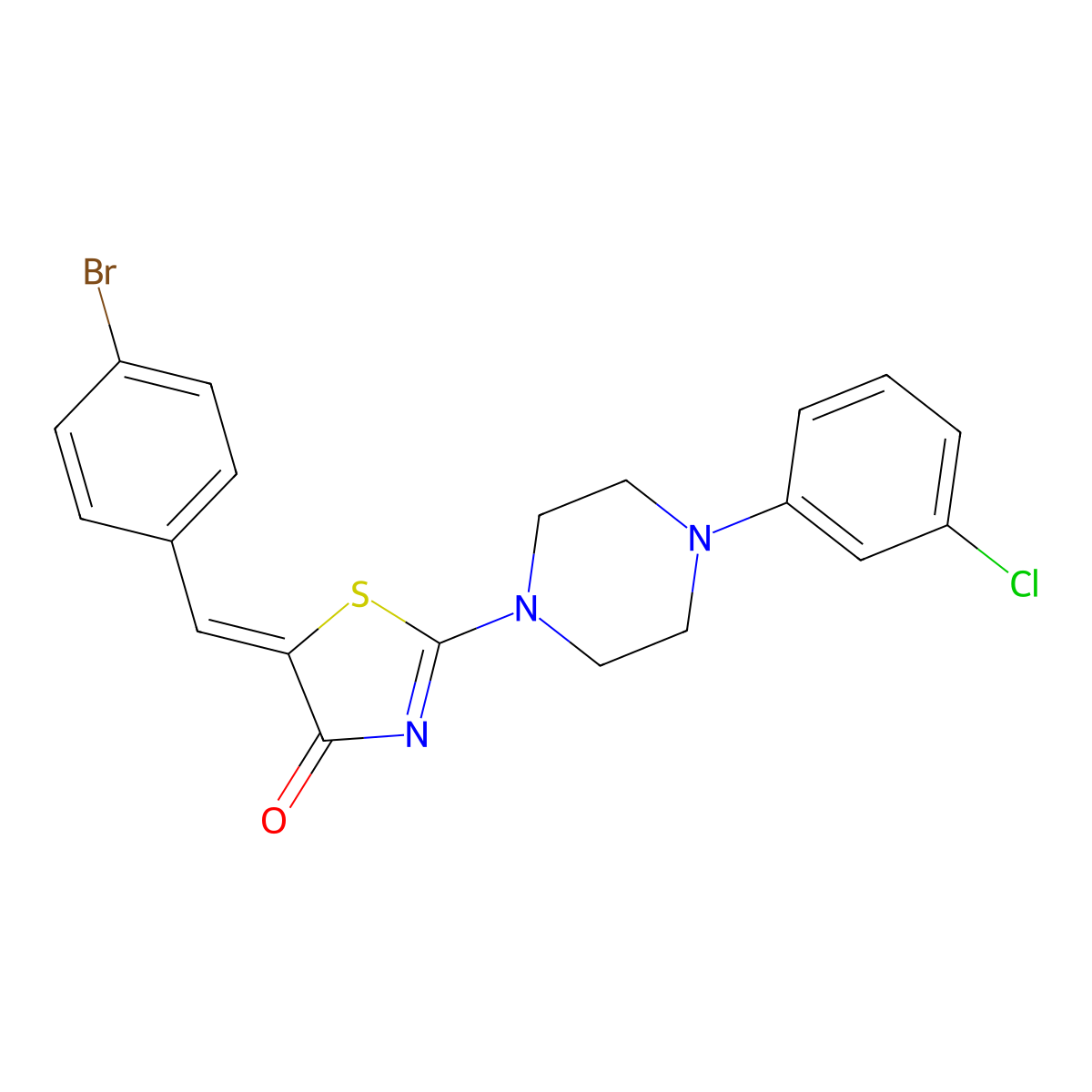 5-[(4-Bromophenyl)methylidene]-2-[4-(3-chlorophenyl)piperazin-1-yl]-1,3-thiazol-4(5H)-one molecular structure, CAS 6411-53-6