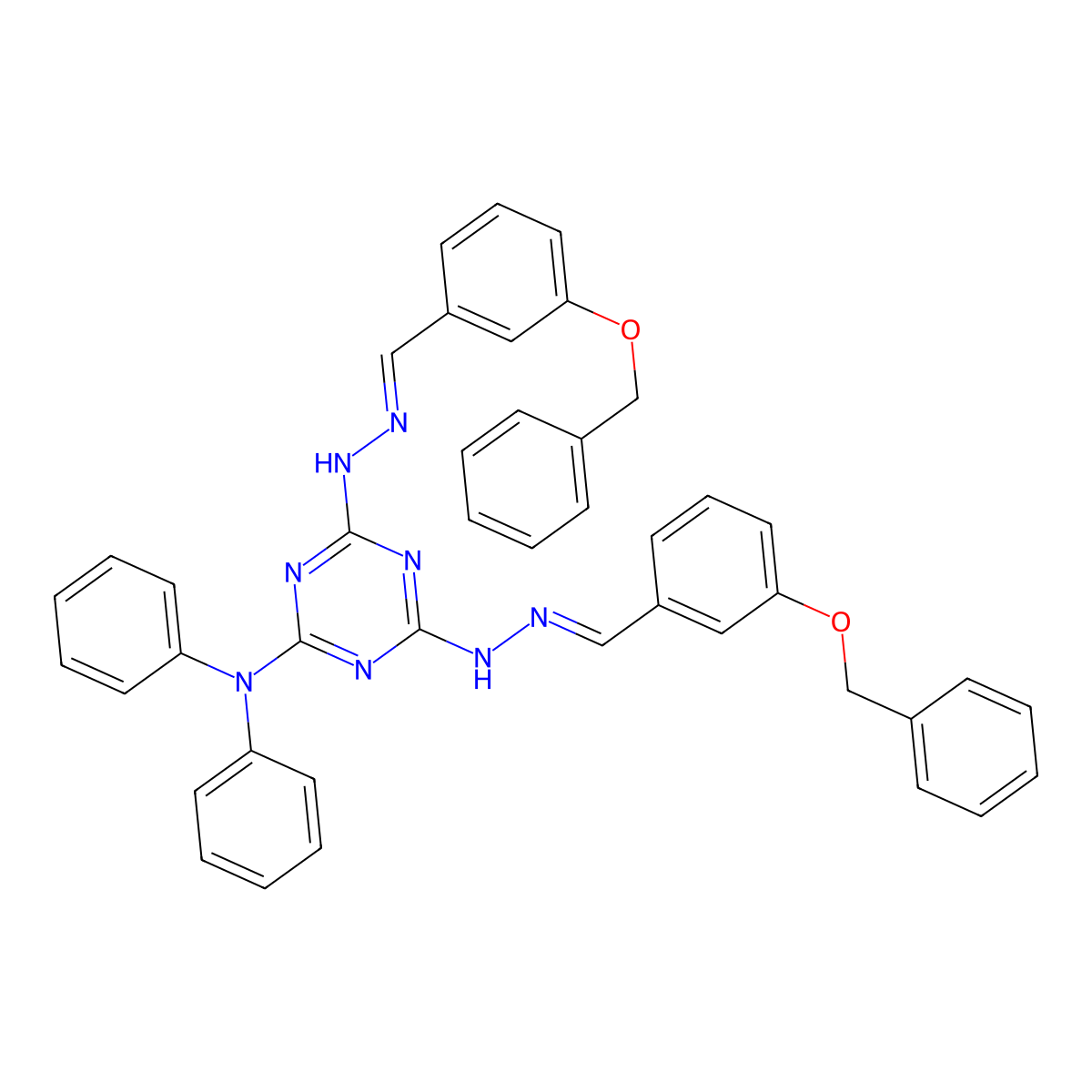 2-N,2-N-diphenyl-4-N,6-N-bis[(3-phenylmethoxyphenyl)methylideneamino]-1,3,5-triazine-2,4,6-triamine molecular structure, CAS 6413-07-6