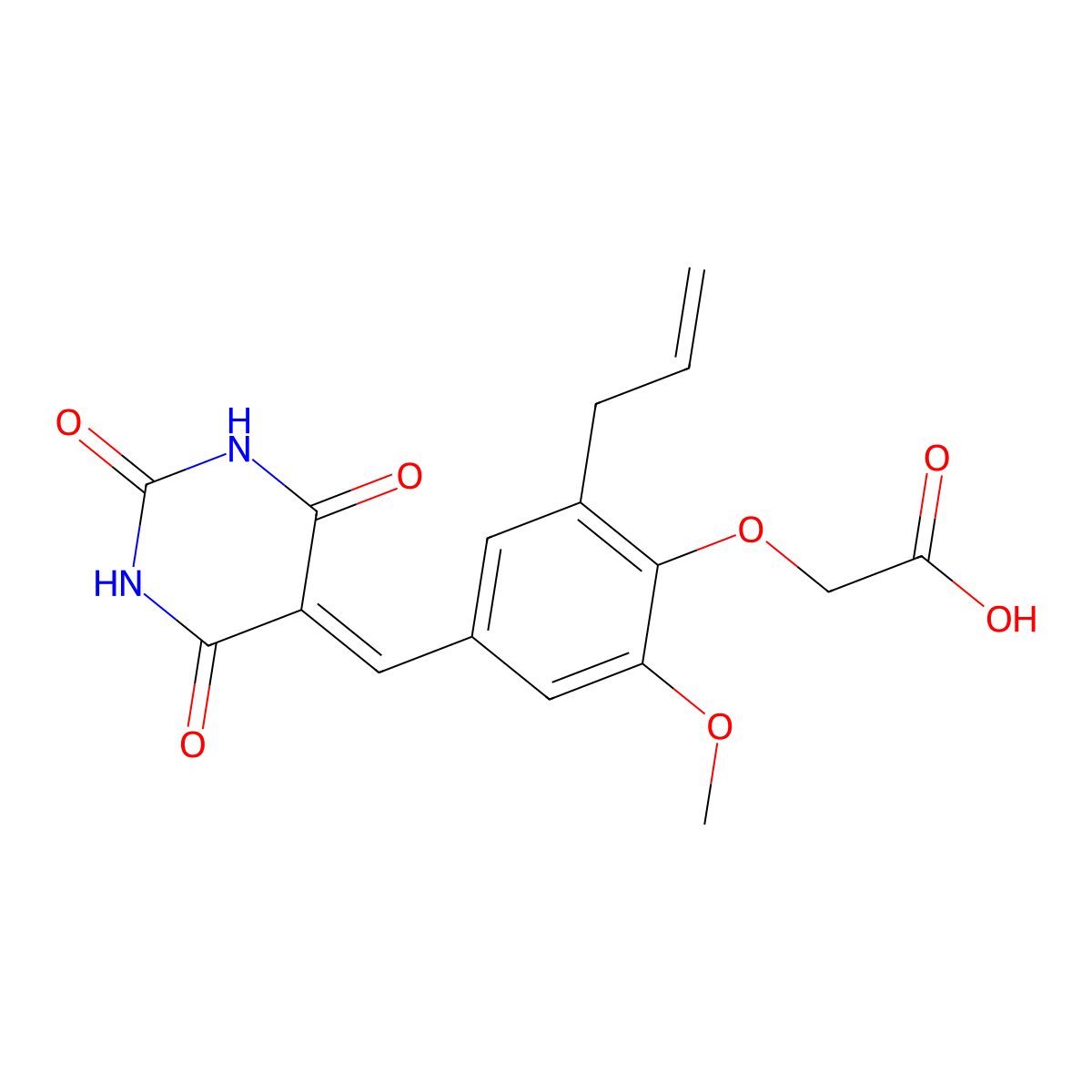 2-[2-methoxy-6-prop-2-enyl-4-[(2,4,6-trioxo-1,3-diazinan-5-ylidene)methyl]phenoxy]acetic Acid molecular structure, CAS 6415-05-0