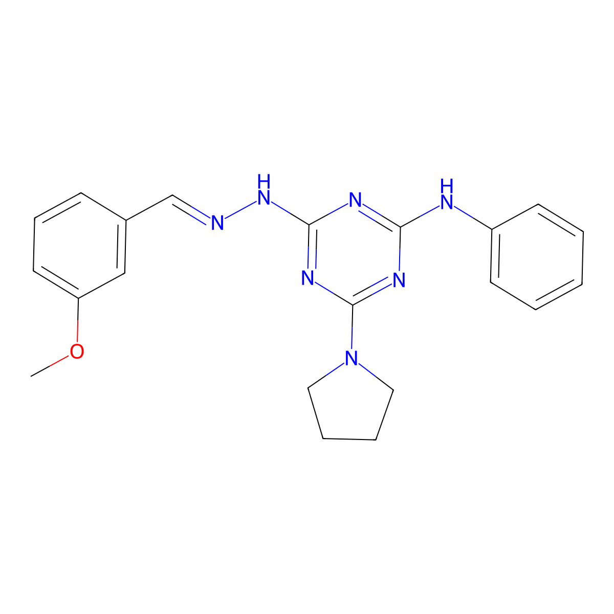 2-N-[(3-methoxyphenyl)methylideneamino]-4-N-phenyl-6-pyrrolidin-1-yl-1,3,5-triazine-2,4-diamine molecular structure, CAS 6415-23-2