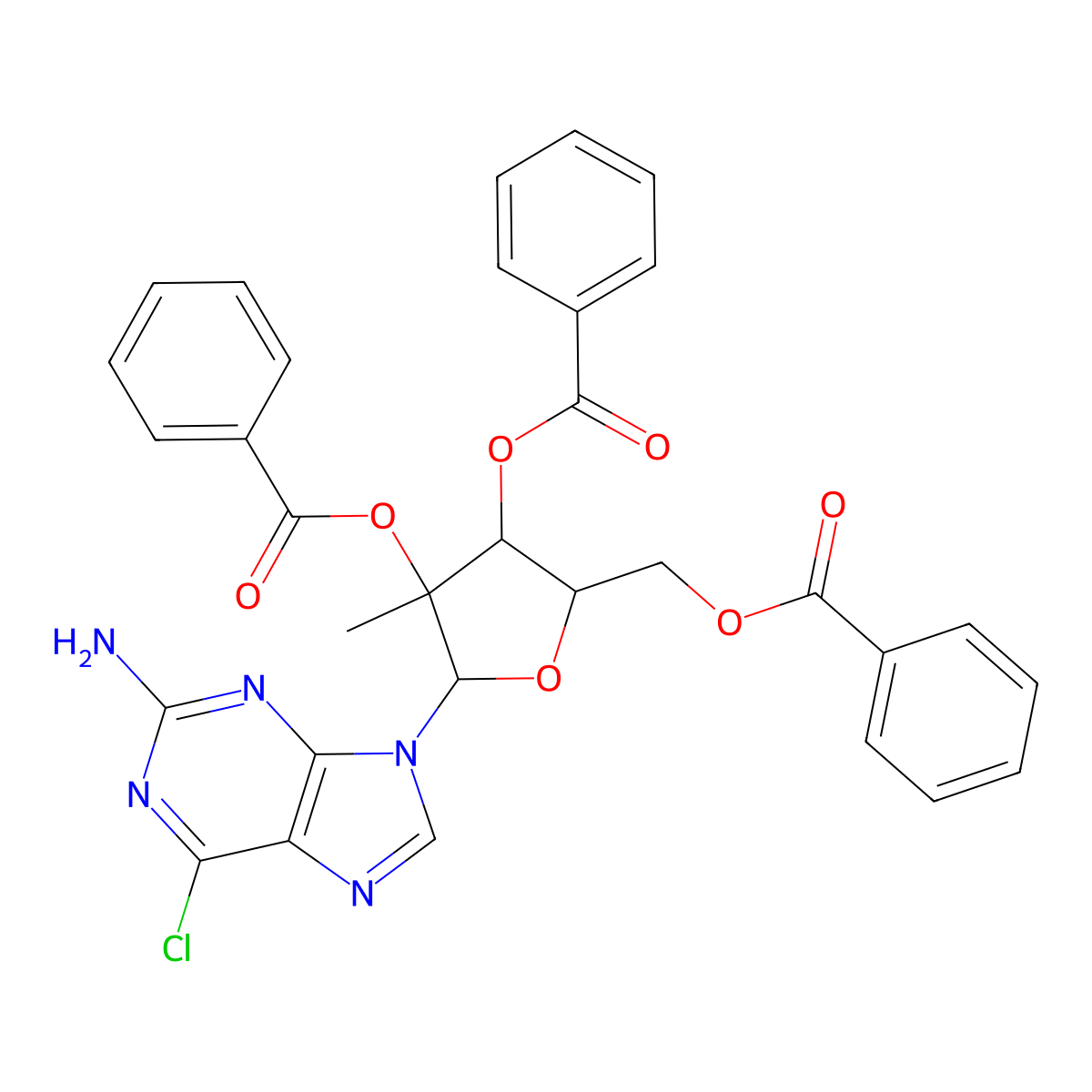 (2R,3R,4R,5R)-2-(2-amino-6-chloro-9H-purin-9-yl)-5-((benzoyloxy)methyl)-3-methyltetrahydrofuran-3,4-diyl dibenzoate molecular structure, CAS 641571-44-0