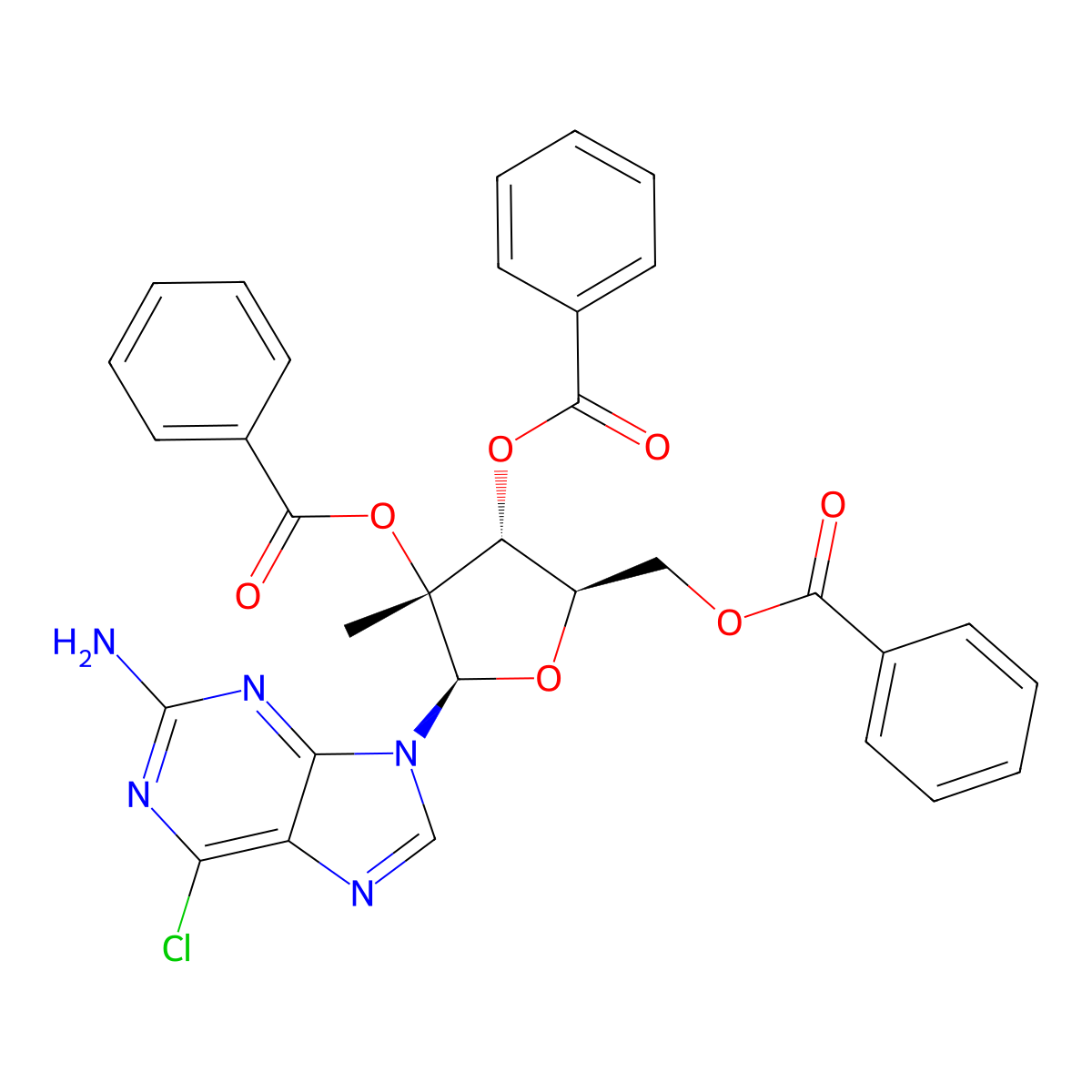 (2R,3R,4R,5R)-2-(2-amino-6-chloro-9H-purin-9-yl)-5-((benzoyloxy)methyl)-3-methyltetrahydrofuran-3,4-diyl dibenzoate molecular structure, CAS 641571-44-0