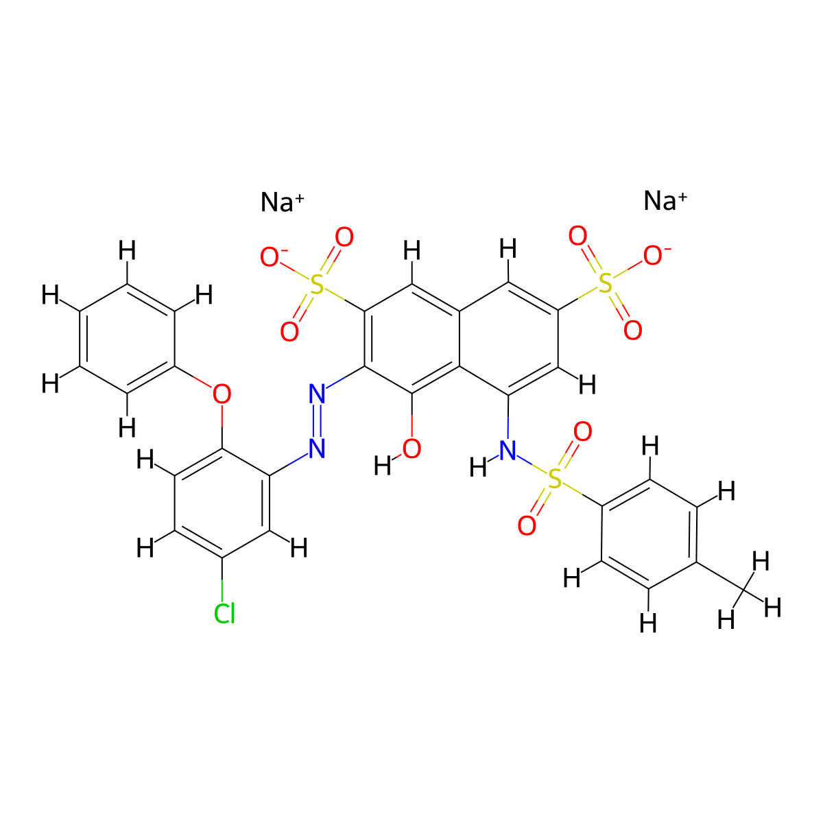 2,7-Naphthalenedisulfonic acid, 3-[2-(5-chloro-2-phenoxyphenyl)diazenyl]-4-hydroxy-5-[[(4-methylphenyl)sulfonyl]amino]-, sodium salt (1:2) molecular structure, CAS 6416-66-6