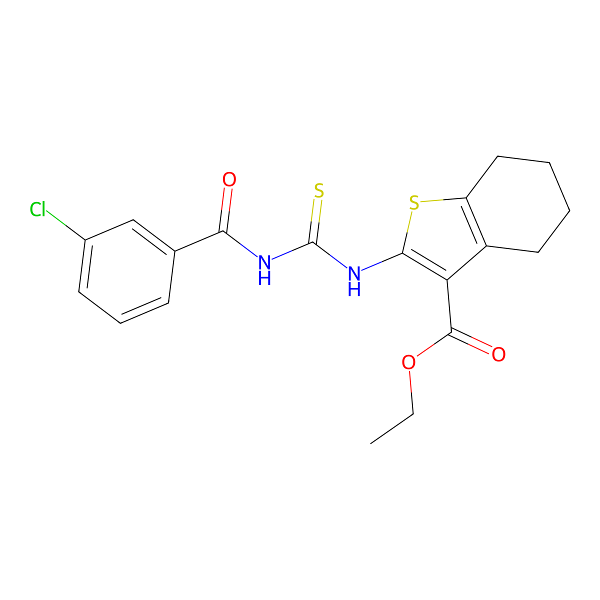 Ethyl 2-({[(3-chlorophenyl)carbonyl]carbamothioyl}amino)-4,5,6,7-tetrahydro-1-benzothiophene-3-carboxylate molecular structure, CAS 6416-94-0