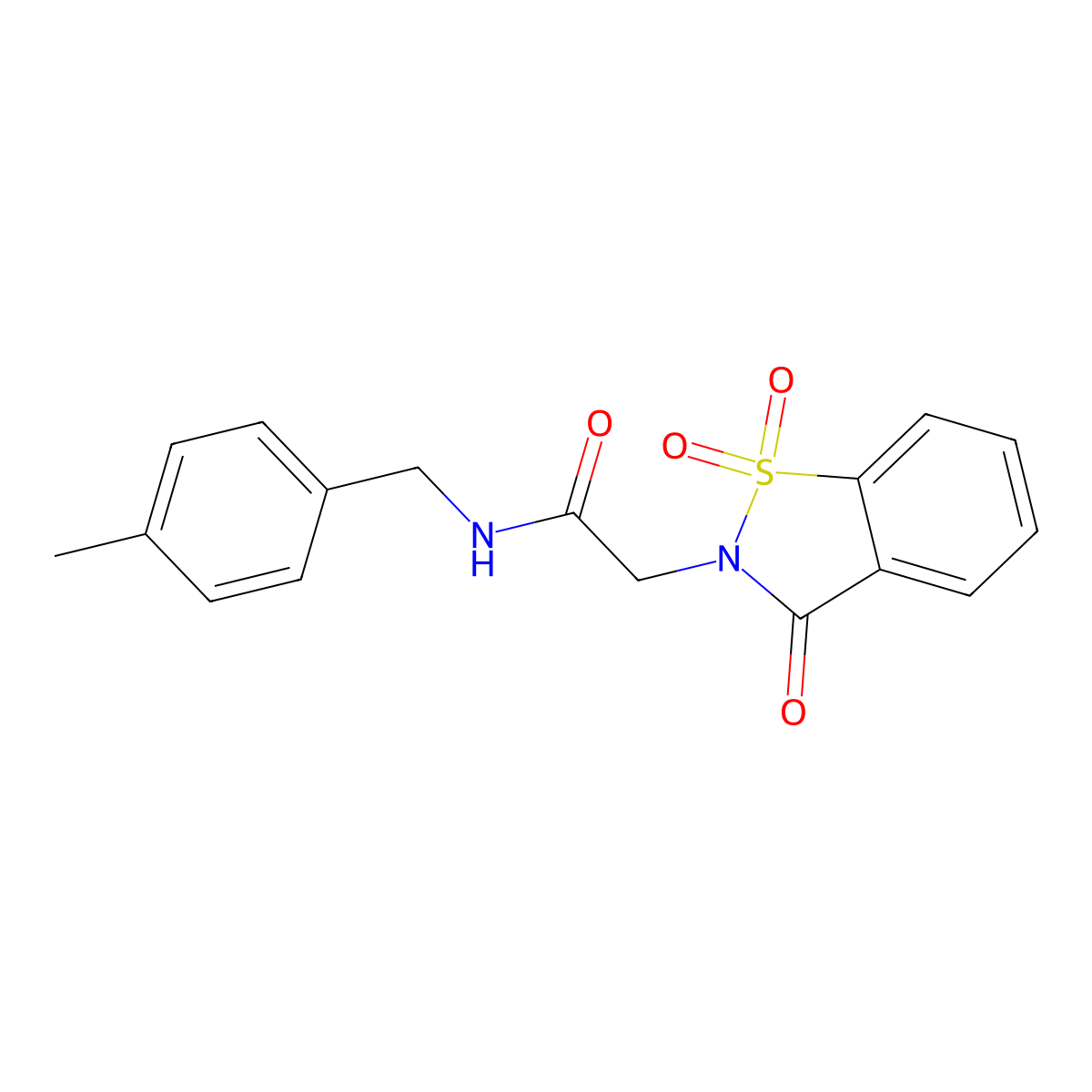 N-[(4-methylphenyl)methyl]-2-(1,1,3-trioxo-1,2-benzothiazol-2-yl)acetamide molecular structure, CAS 641606-65-7