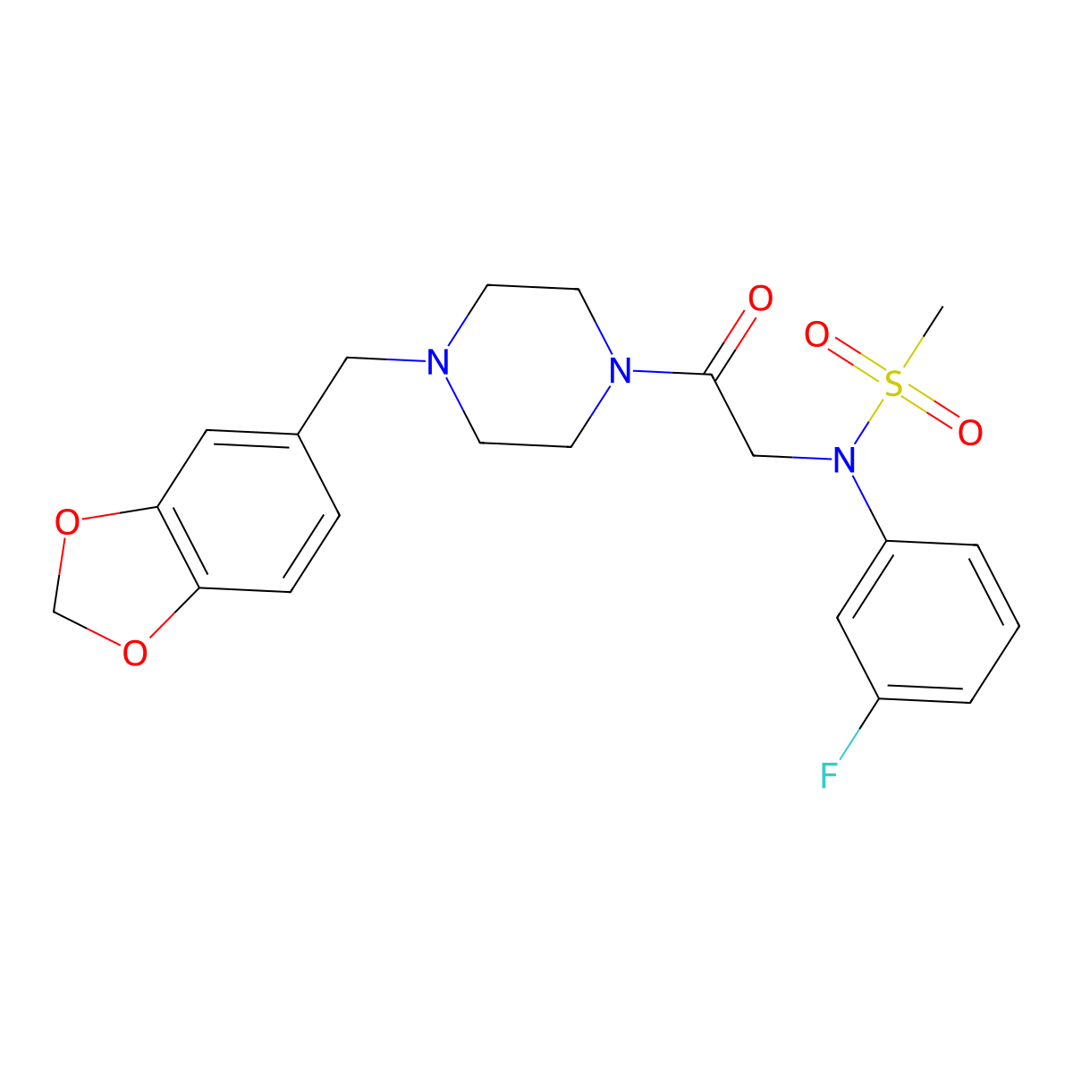 N-[2-[4-(1,3-benzodioxol-5-ylmethyl)piperazin-1-yl]-2-oxoethyl]-N-(3-fluorophenyl)methanesulfonamide molecular structure, CAS 641607-23-0