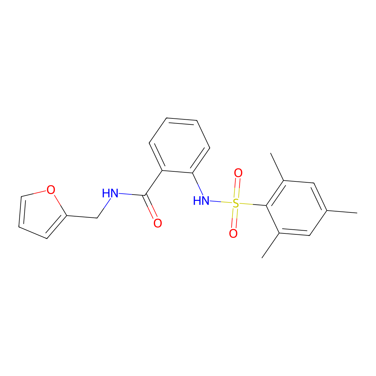 N-(furan-2-ylmethyl)-2-[(2,4,6-trimethylphenyl)sulfonylamino]benzamide molecular structure, CAS 641607-45-6