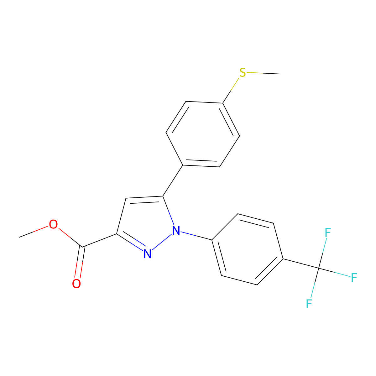 Methyl 1-(4-(trifluoromethyl)phenyl)-5-(4-(methylthio)phenyl)-1H-pyrazole-3-carboxylate molecular structure, CAS 641639-55-6