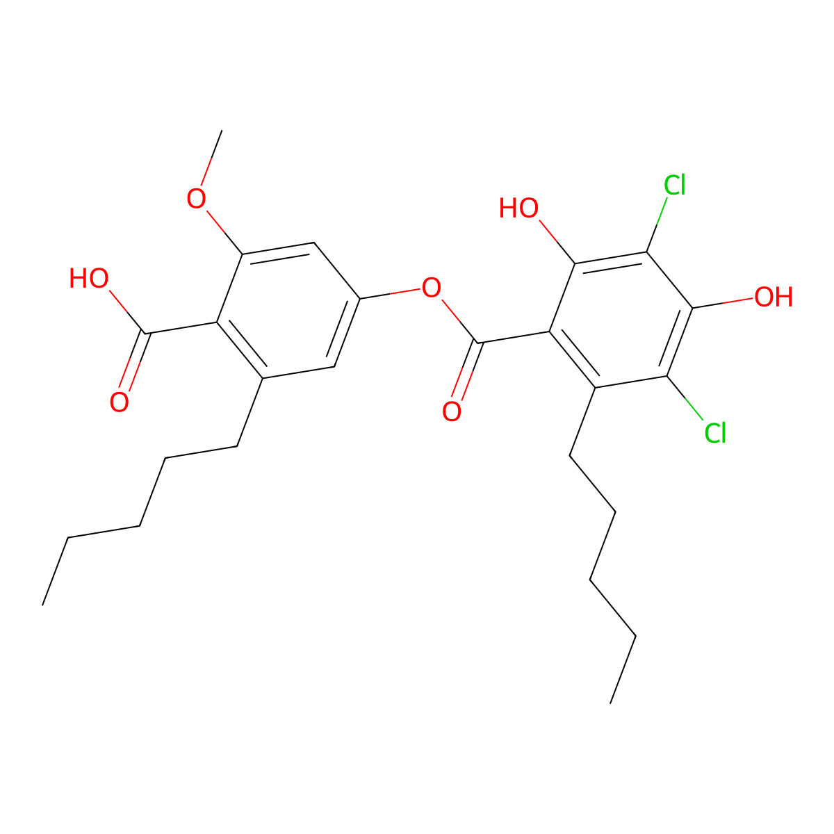 Benzoic acid, 3,5-dichloro-2,4-dihydroxy-6-pentyl-, 4-carboxy-3-methoxy-5-pentylphenyl ester molecular structure, CAS 64185-14-4