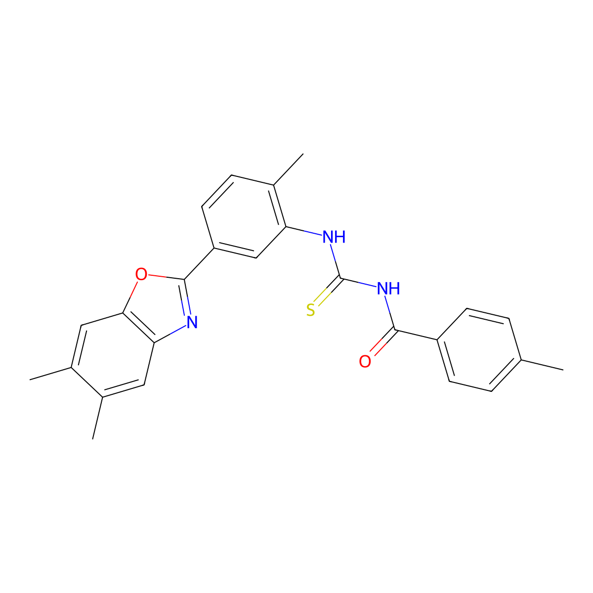 N-[[5-(5,6-dimethyl-1,3-benzoxazol-2-yl)-2-methylphenyl]carbamothioyl]-4-methylbenzamide molecular structure, CAS 6419-22-3
