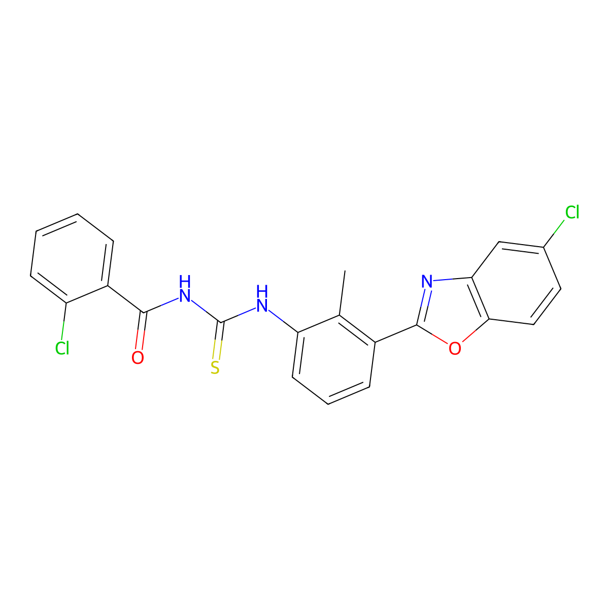 2-Chloro-N-{[3-(5-chloro-1,3-benzoxazol-2-yl)-2-methylphenyl]carbamothioyl}benzamide molecular structure, CAS 6419-37-0