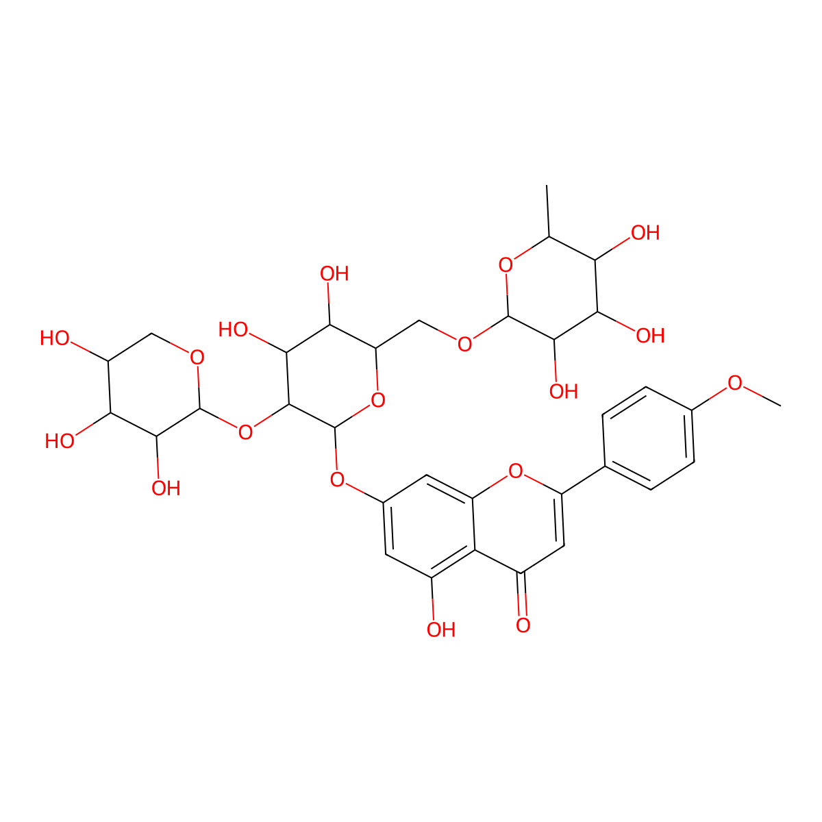 Acacetin 7-O-|A-D-xylopyranosyl-(1 inverted exclamation marku2)[|A-L-rhamnopyranosyl-(1 inverted exclamation marku6)]-|A-D-glucopyranoside molecular structure, CAS 64191-68-0