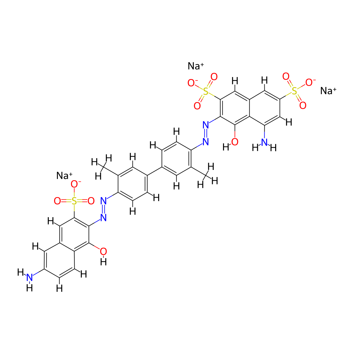 Trisodium 5-amino-3-((4'-((6-amino-1-hydroxy-3-sulphonato-2-naphthyl)azo)-3,3'-dimethyl(1,1'-biphenyl)-4-yl)azo)-4-hydroxynaphthalene-2,7-disulphonate molecular structure, CAS 6420-22-0