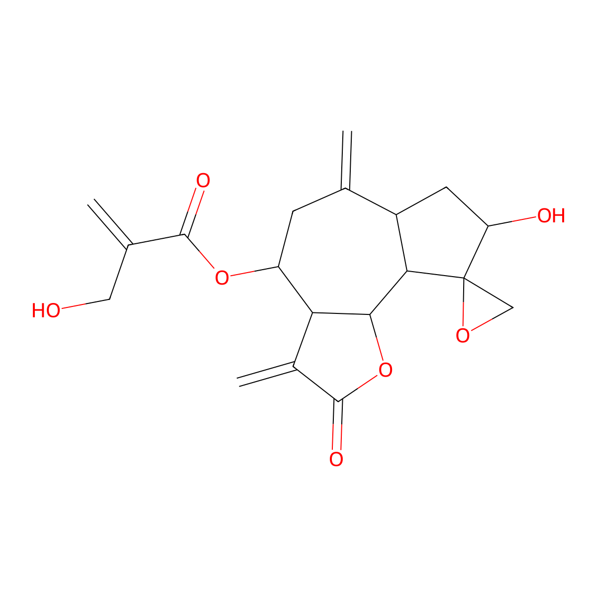 (8-Hydroxy-3,6-dimethylidene-2-oxospiro[3a,4,5,6a,7,8,9a,9b-octahydroazuleno[4,5-b]furan-9,2'-oxirane]-4-yl) 2-(hydroxymethyl)prop-2-enoate molecular structure, CAS 64205-84-1