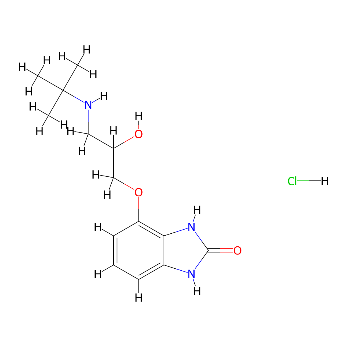 4-(3-(tert-butylamino)-2-hydroxypropoxy)-1H-benzo[d]imidazol-2(3H)-one hydrochloride molecular structure, CAS 64208-32-8