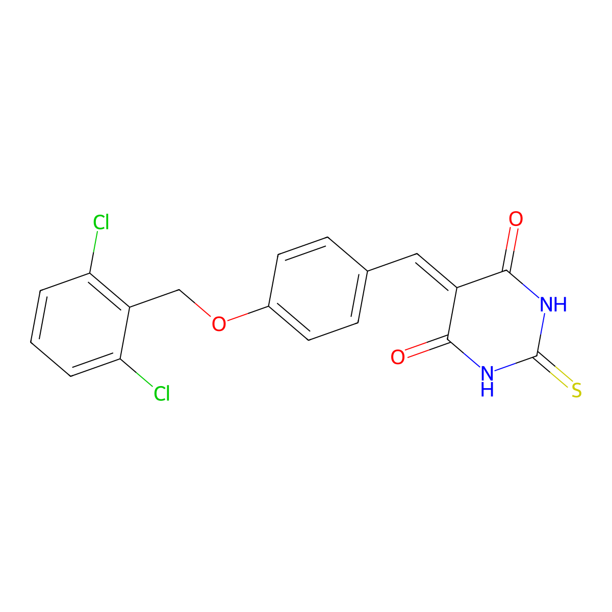 5-{4-[(2,6-dichlorobenzyl)oxy]benzylidene}-2-thioxodihydropyrimidine-4,6(1H,5H)-dione molecular structure, CAS 6421-92-7