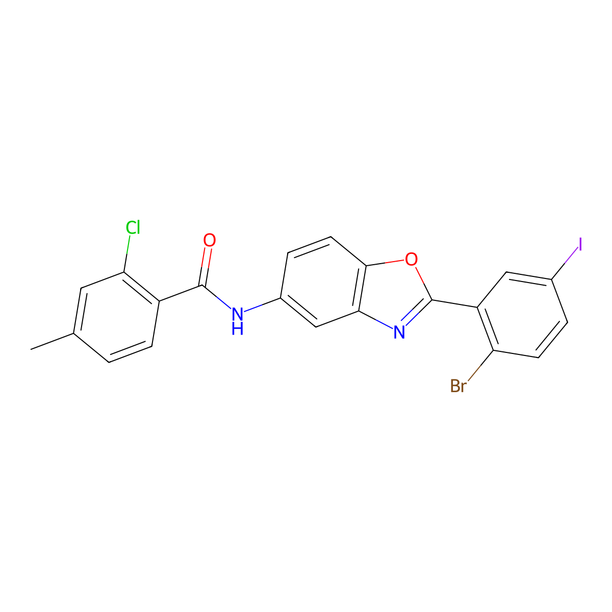 N-[2-(2-bromo-5-iodophenyl)-1,3-benzoxazol-5-yl]-2-chloro-4-methylbenzamide molecular structure, CAS 642414-26-4