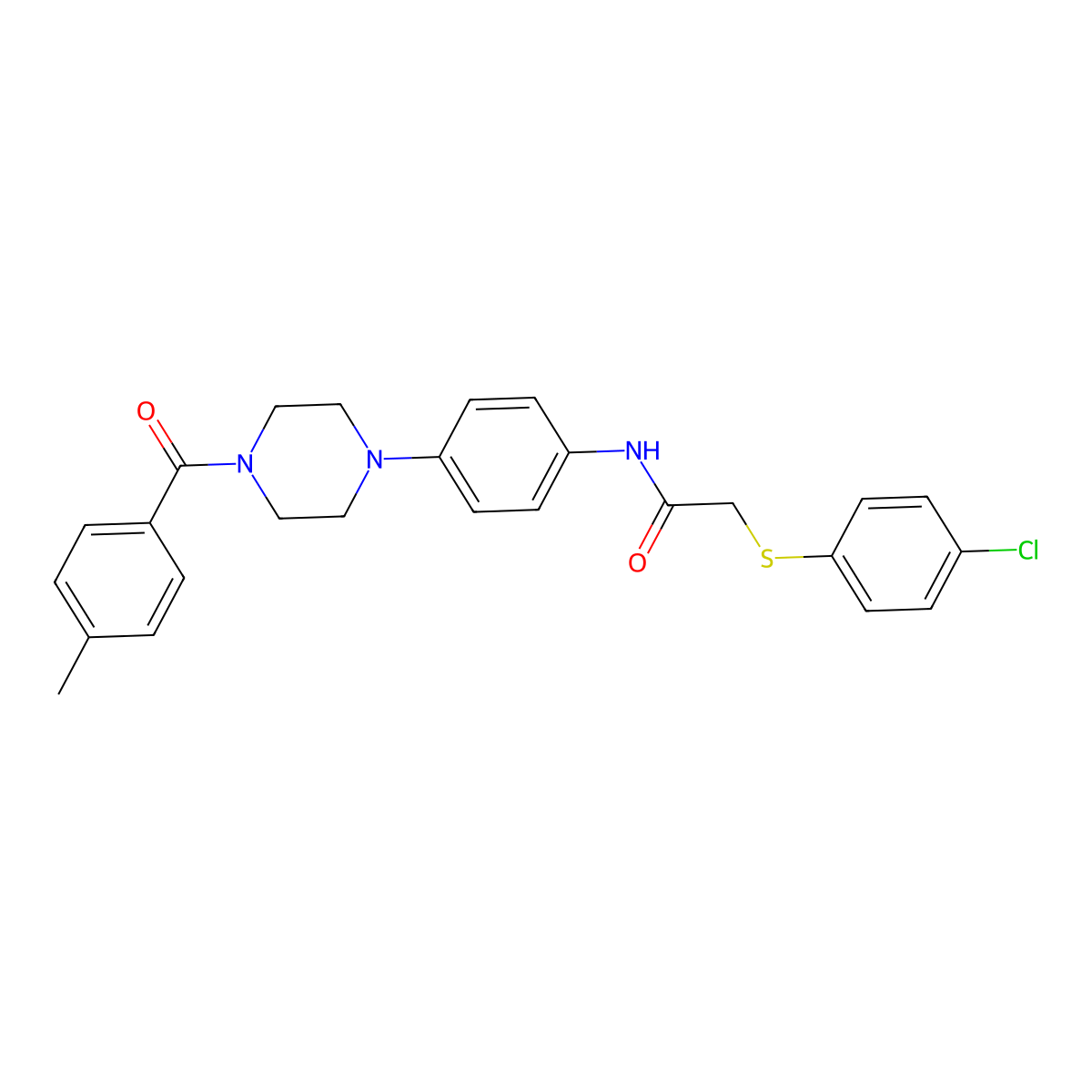 2-(4-chlorophenyl)sulfanyl-N-[4-[4-(4-methylbenzoyl)piperazin-1-yl]phenyl]acetamide molecular structure, CAS 642419-39-4