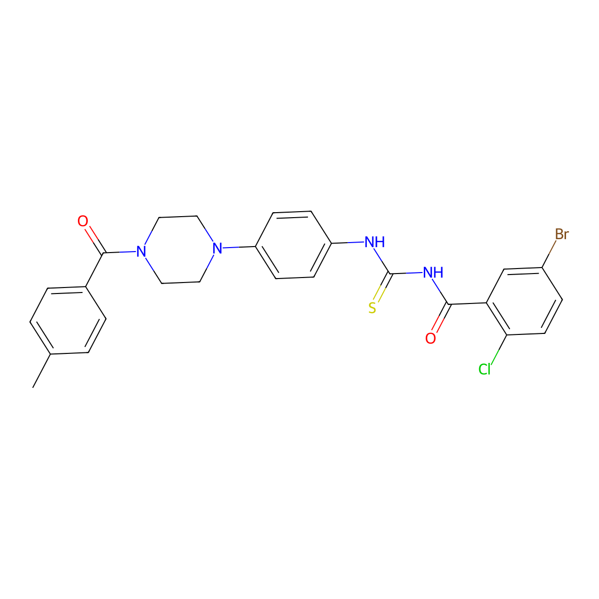 5-bromo-2-chloro-N-[[4-[4-(4-methylbenzoyl)piperazin-1-yl]phenyl]carbamothioyl]benzamide molecular structure, CAS 642420-74-4