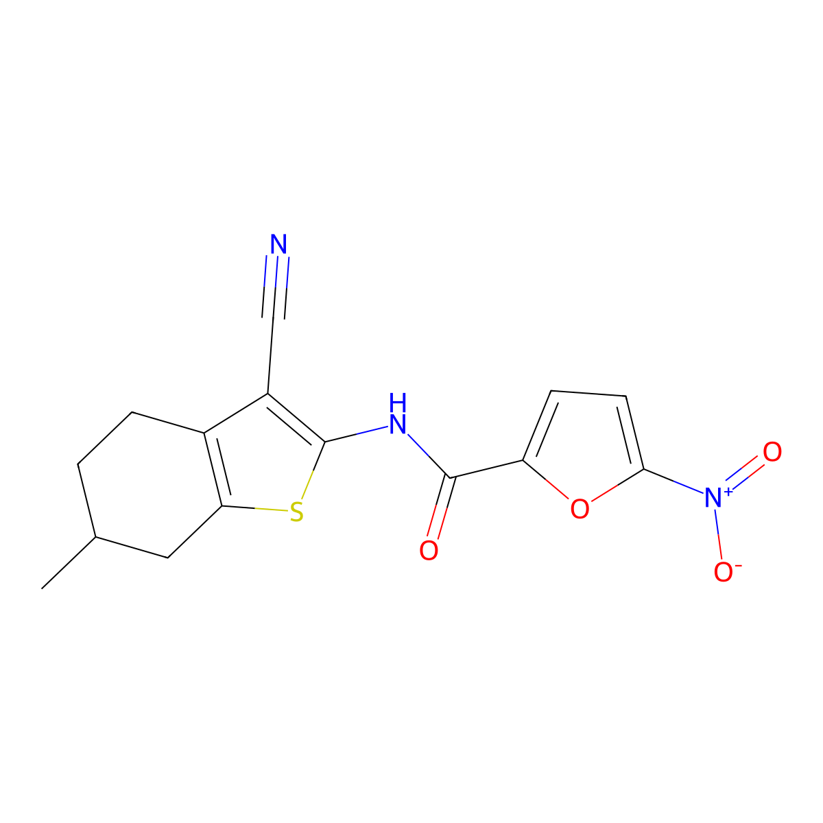 N-(3-cyano-6-methyl-4,5,6,7-tetrahydro-1-benzothiophen-2-yl)-5-nitrofuran-2-carboxamide molecular structure, CAS 642420-97-1