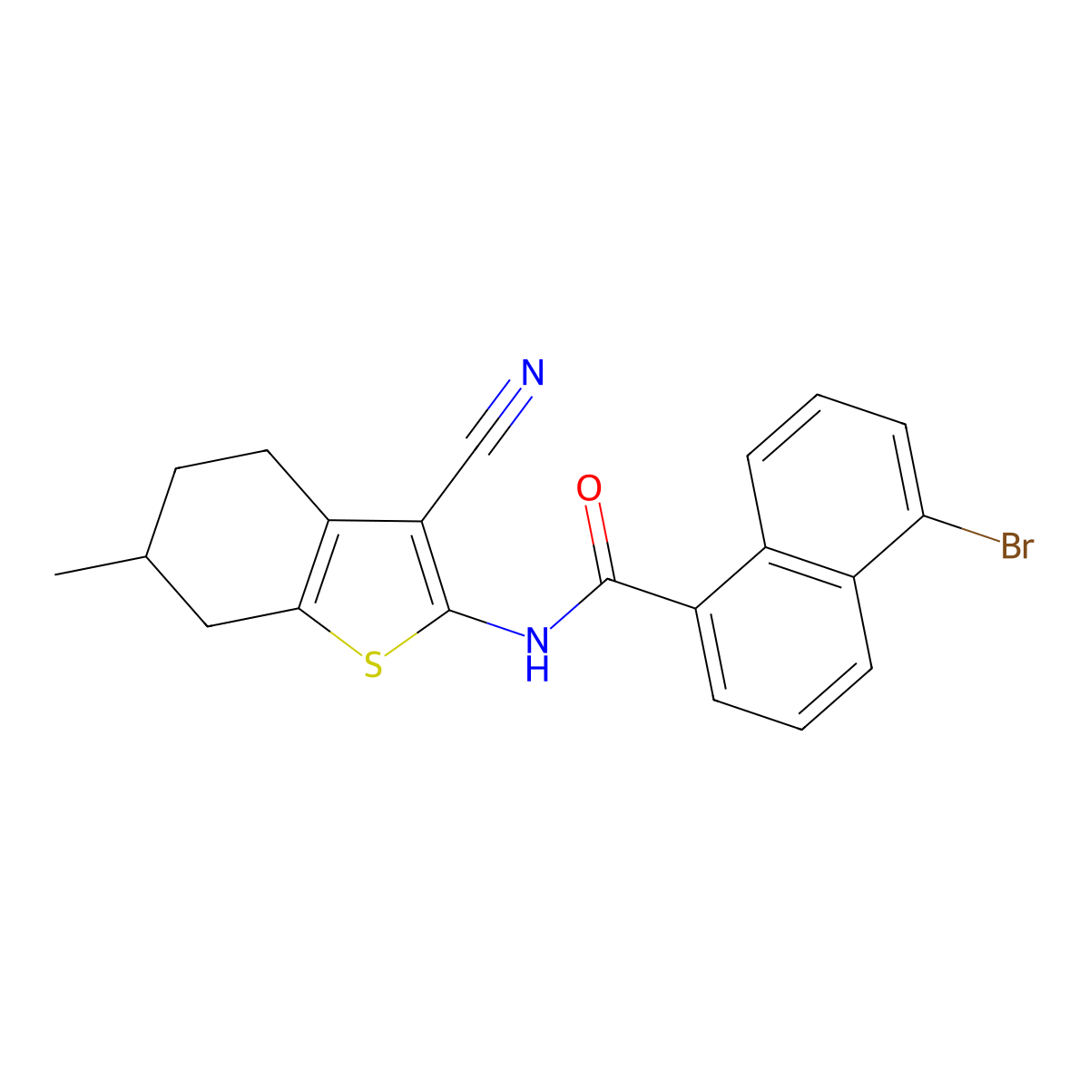 5-bromo-N-(3-cyano-6-methyl-4,5,6,7-tetrahydro-1-benzothiophen-2-yl)naphthalene-1-carboxamide molecular structure, CAS 642420-99-3
