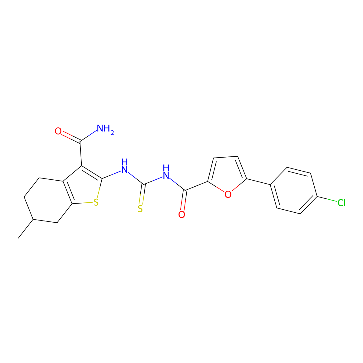 N-[(3-carbamoyl-6-methyl-4,5,6,7-tetrahydro-1-benzothiophen-2-yl)carbamothioyl]-5-(4-chlorophenyl)furan-2-carboxamide molecular structure, CAS 642425-13-6