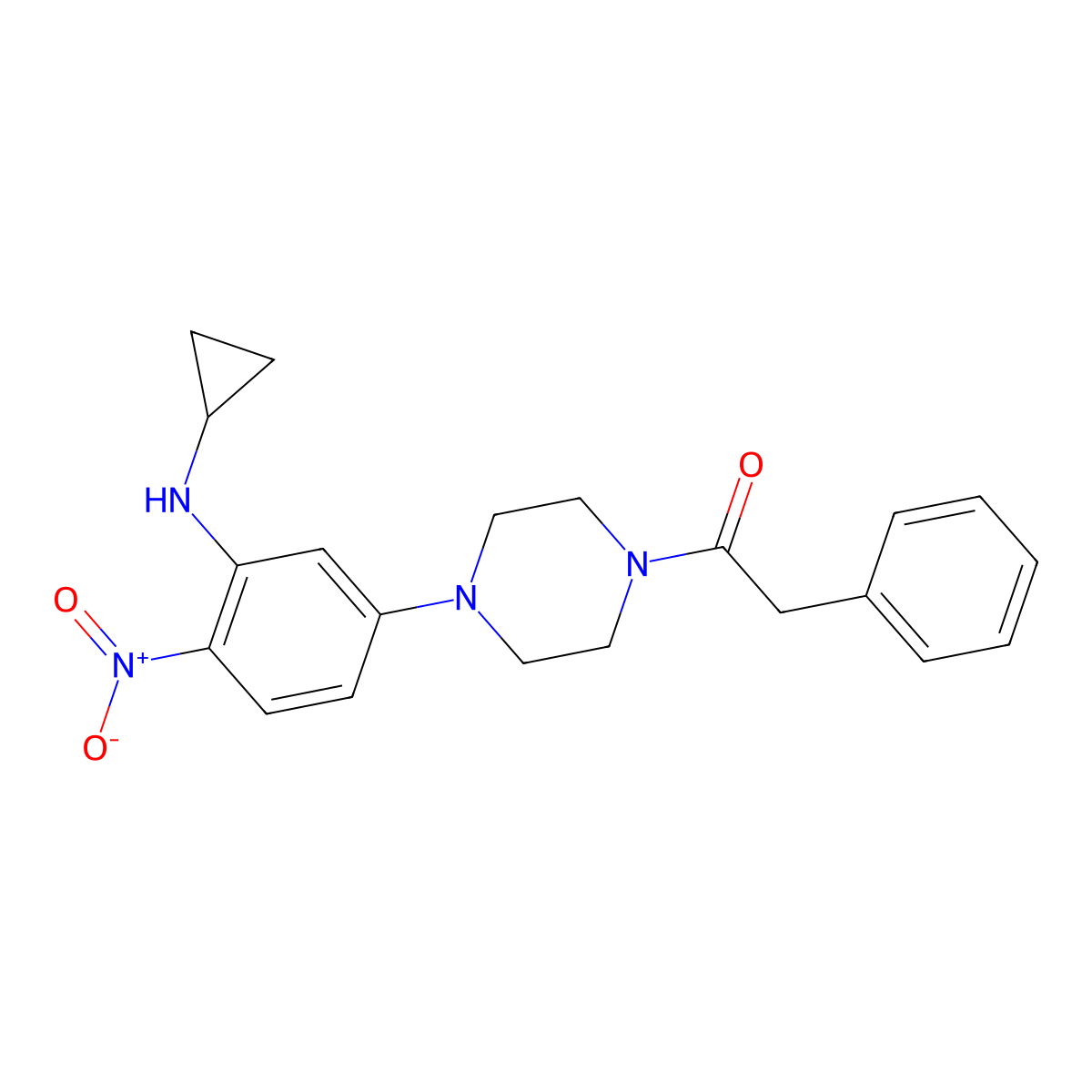 1-[4-[3-(Cyclopropylamino)-4-nitrophenyl]piperazin-1-yl]-2-phenylethanone molecular structure, CAS 642430-02-2