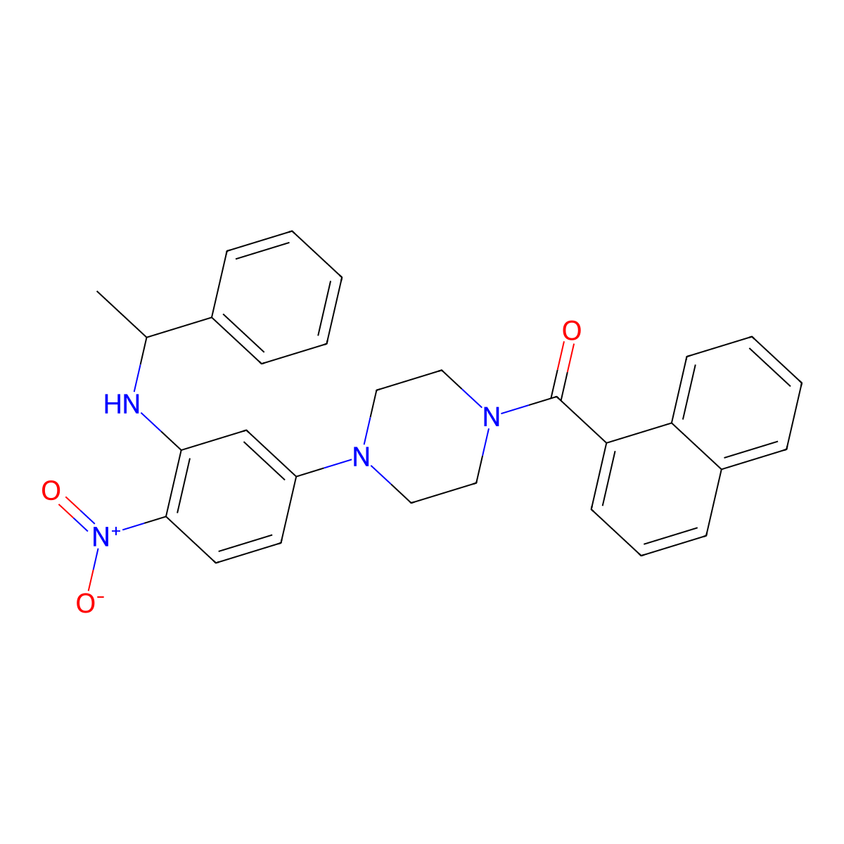 Naphthalen-1-yl-[4-[4-nitro-3-(1-phenylethylamino)phenyl]piperazin-1-yl]methanone molecular structure, CAS 642430-06-6