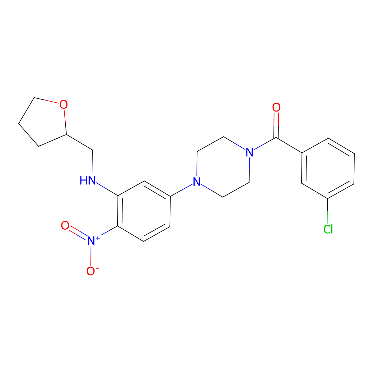 (3-Chlorophenyl)-[4-[4-nitro-3-(oxolan-2-ylmethylamino)phenyl]piperazin-1-yl]methanone molecular structure, CAS 642430-28-2