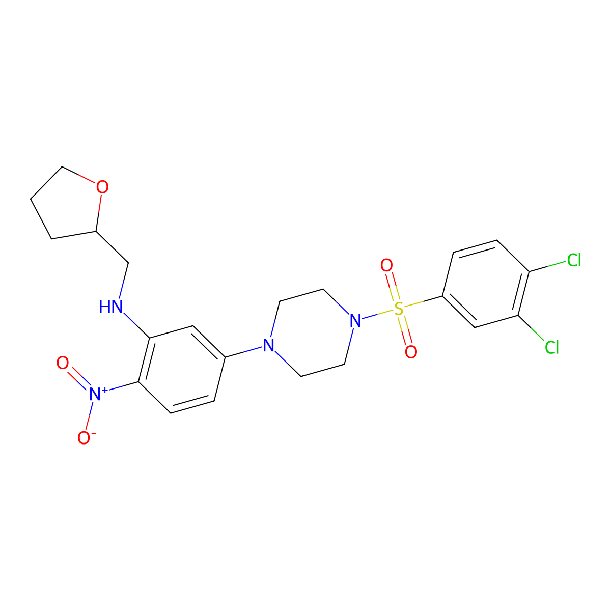 5-[4-(3,4-dichlorophenyl)sulfonylpiperazin-1-yl]-2-nitro-N-(oxolan-2-ylmethyl)aniline molecular structure, CAS 642430-70-4